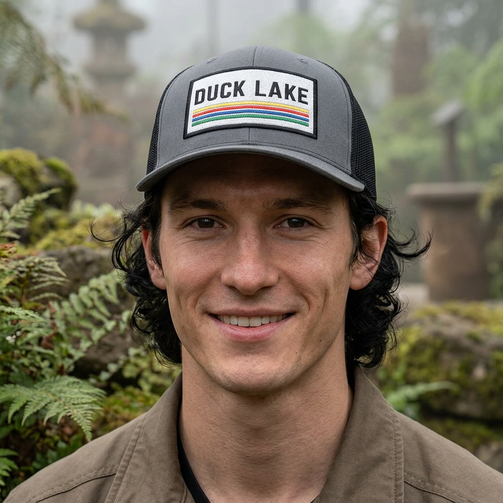Duck Lake Patch Trucker Hat — Retro Stripe Snapback Cap