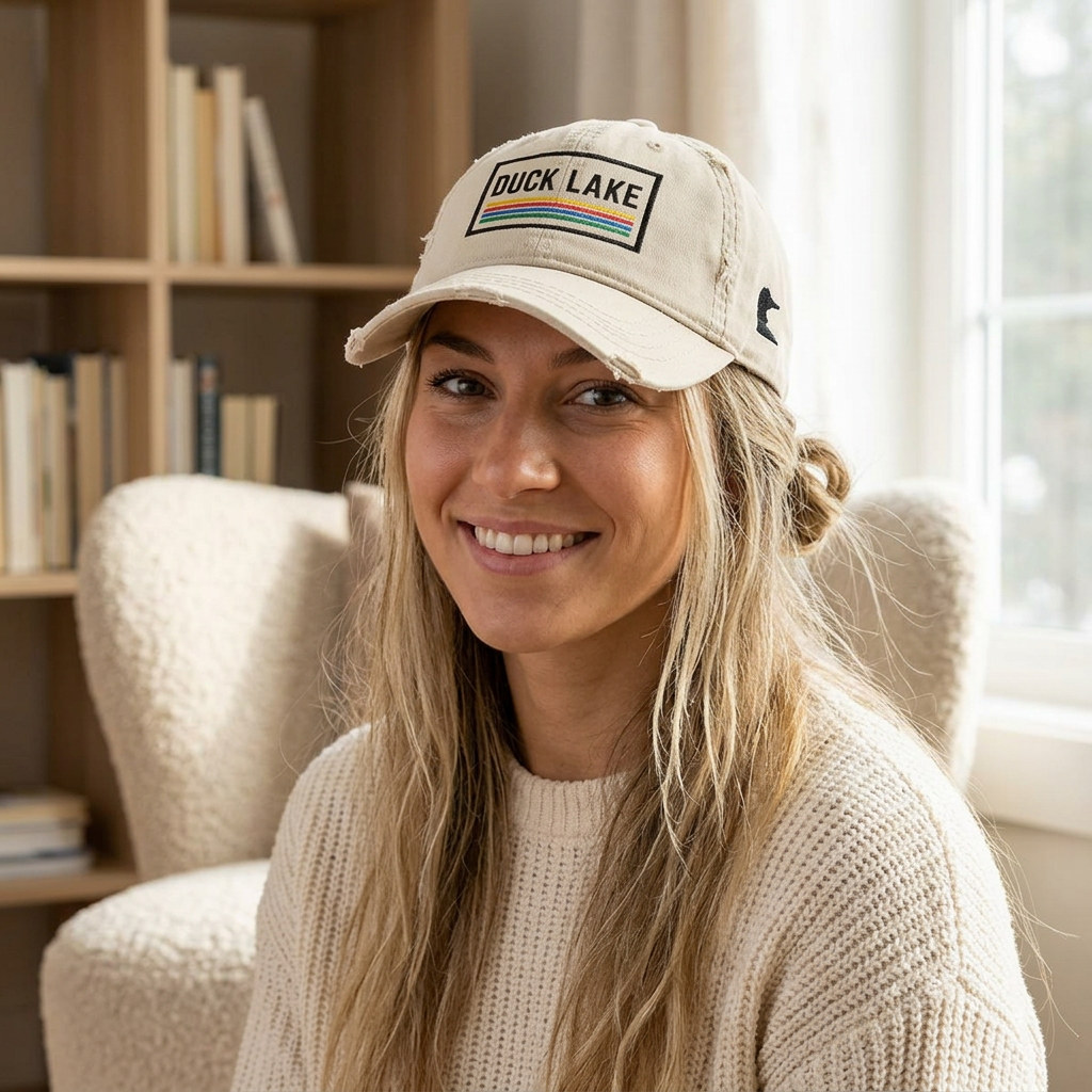 Duck Lake Distressed Dad Hat — Embroidered Retro Stripe Cap