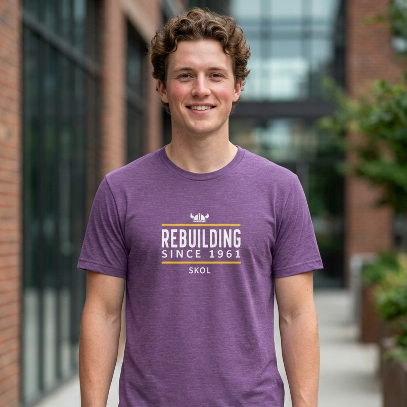 A smiling young man wearing a heather purple t-shirt with a graphic that reads 'REBUILDING SINCE 1981 SKOL' in white, orange, and yellow, standing outdoors in front of a brick building.