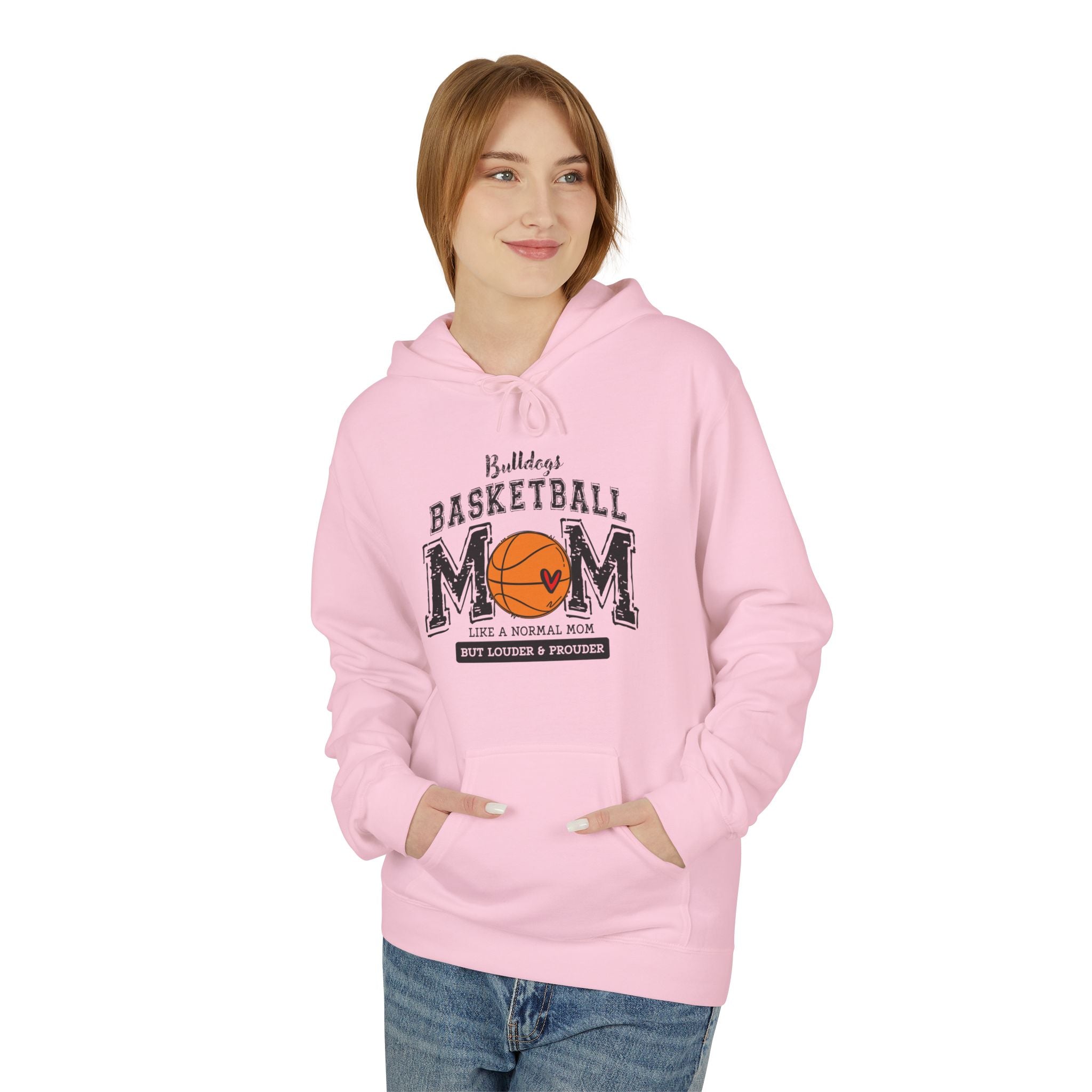 Person wearing a pink hoodie with 'Basketball Mom' text 