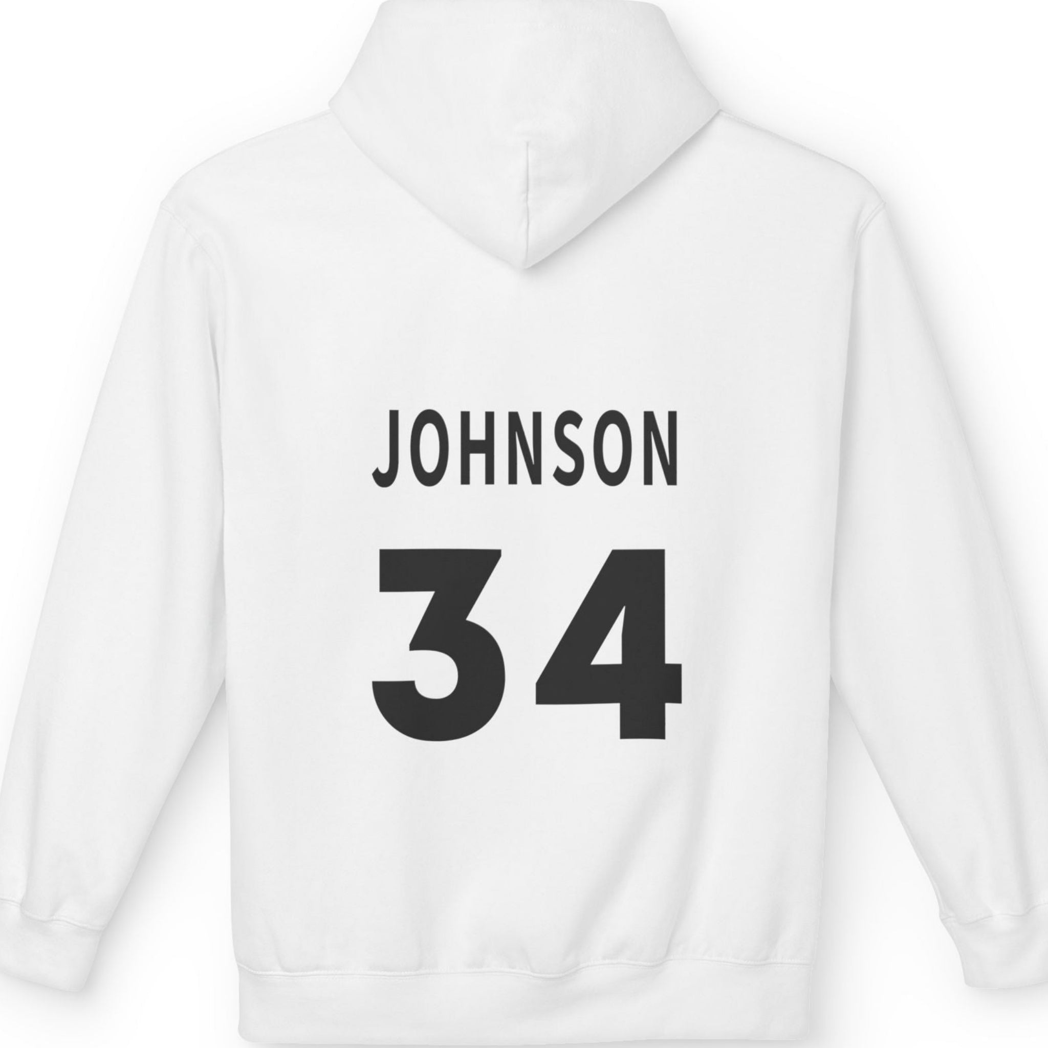 White hoodie with 'JOHNSON 34' printed on the back