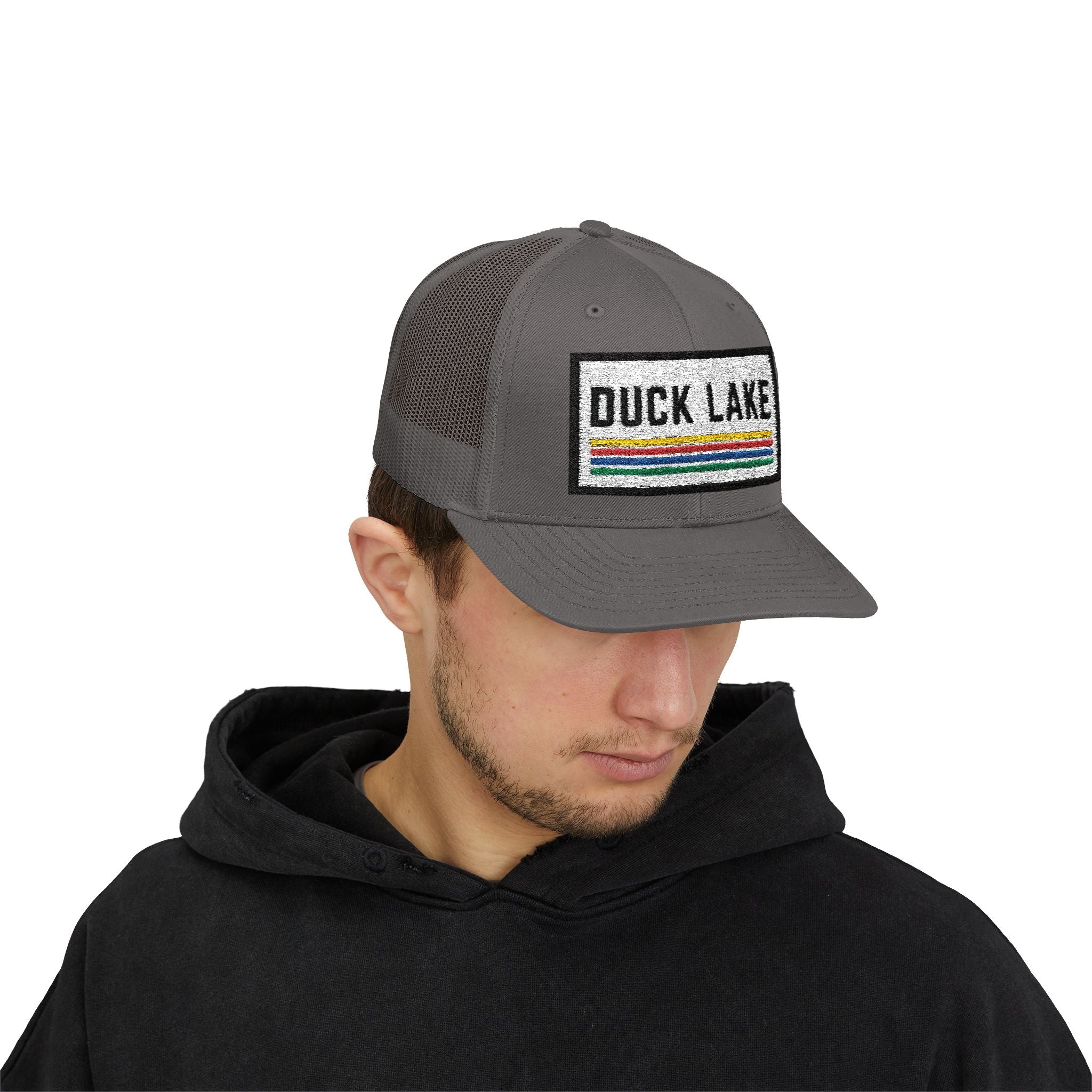Duck Lake Patch Trucker Hat — Retro Stripe Snapback Cap