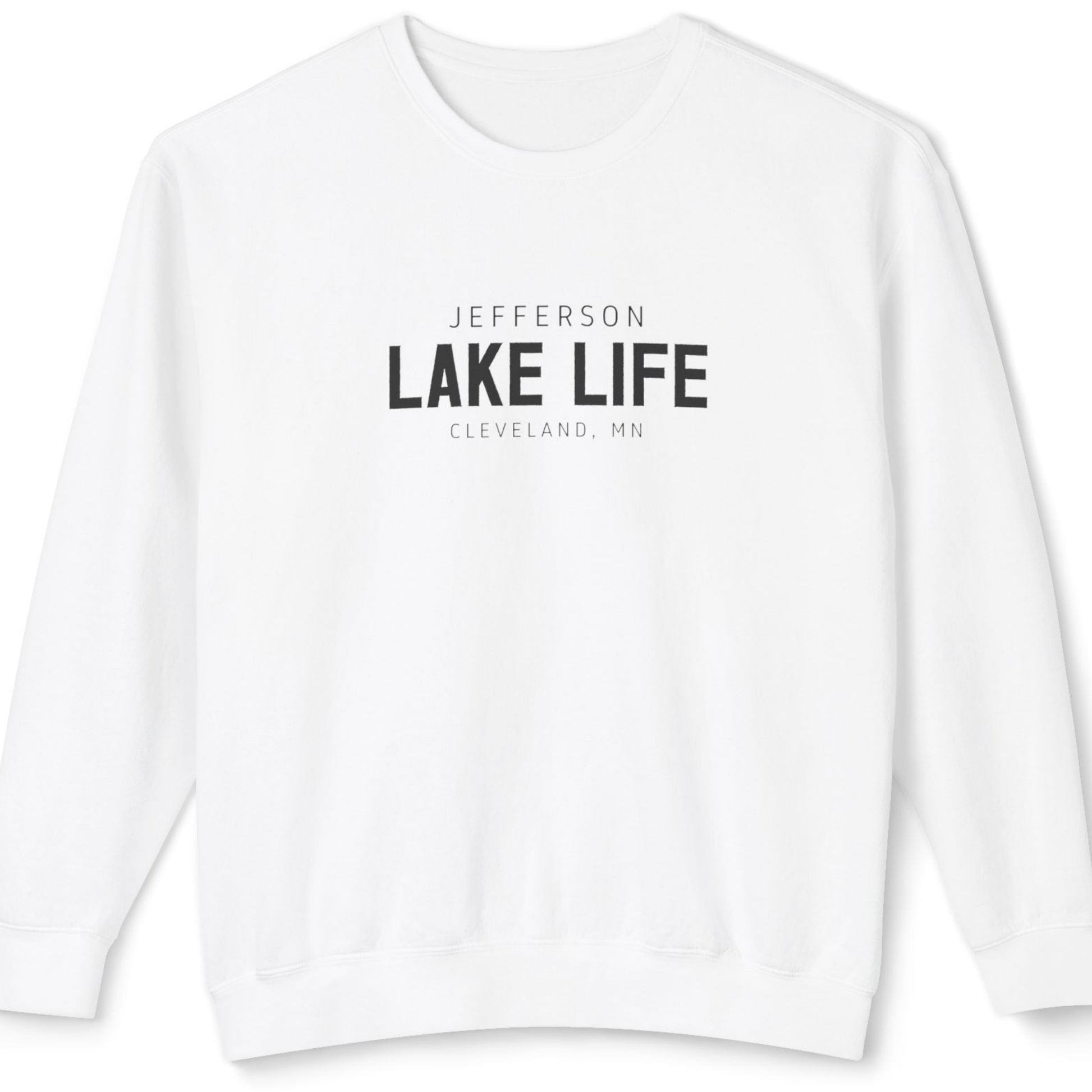 White sweatshirt with 'Jefferson Lake Life' text 