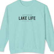 Light blue sweatshirt with 'Jefferson Lake Life Cleveland, MN' text on it.