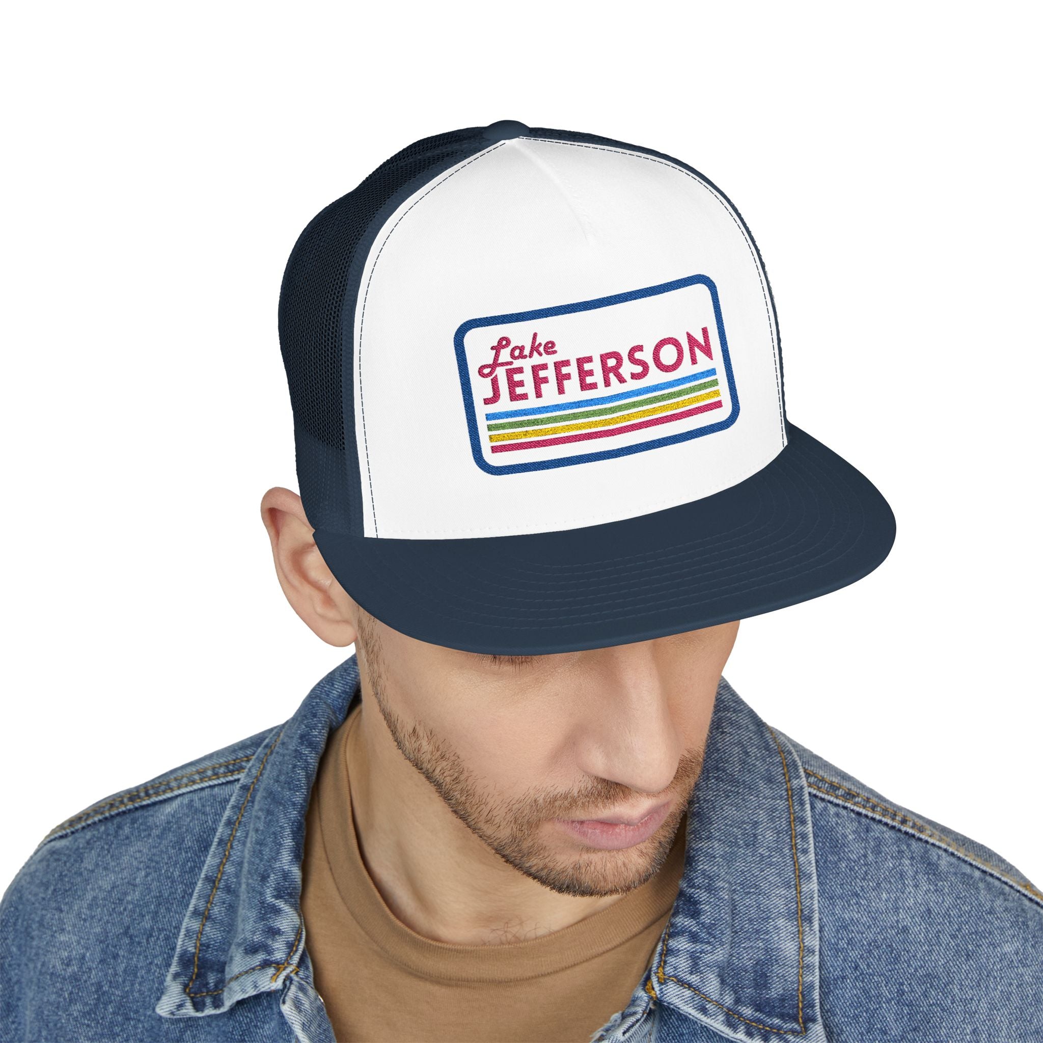 Lake Jefferson Vintage 5 Panel Trucker Cap (pink font)