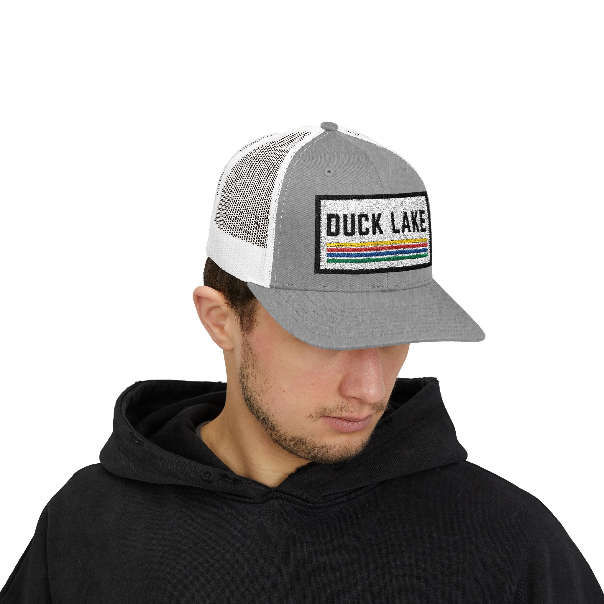 Duck Lake Patch Trucker Hat — Retro Stripe Snapback Cap