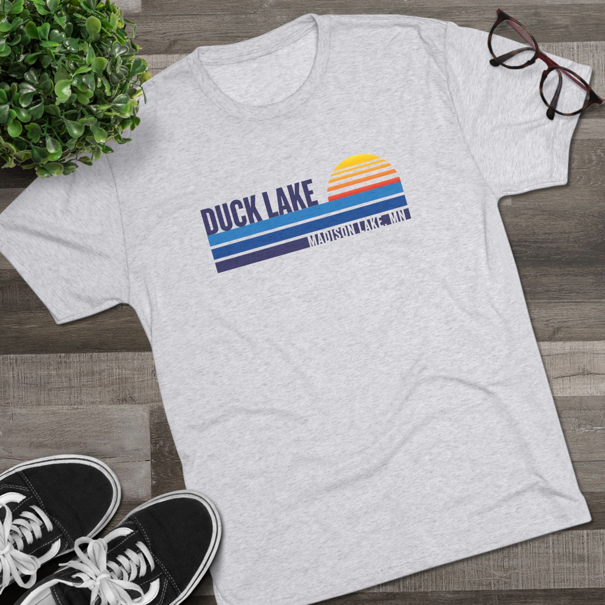 Duck Lake Sunset T-Shirt — Retro Striped Lakeside Graphic Tee