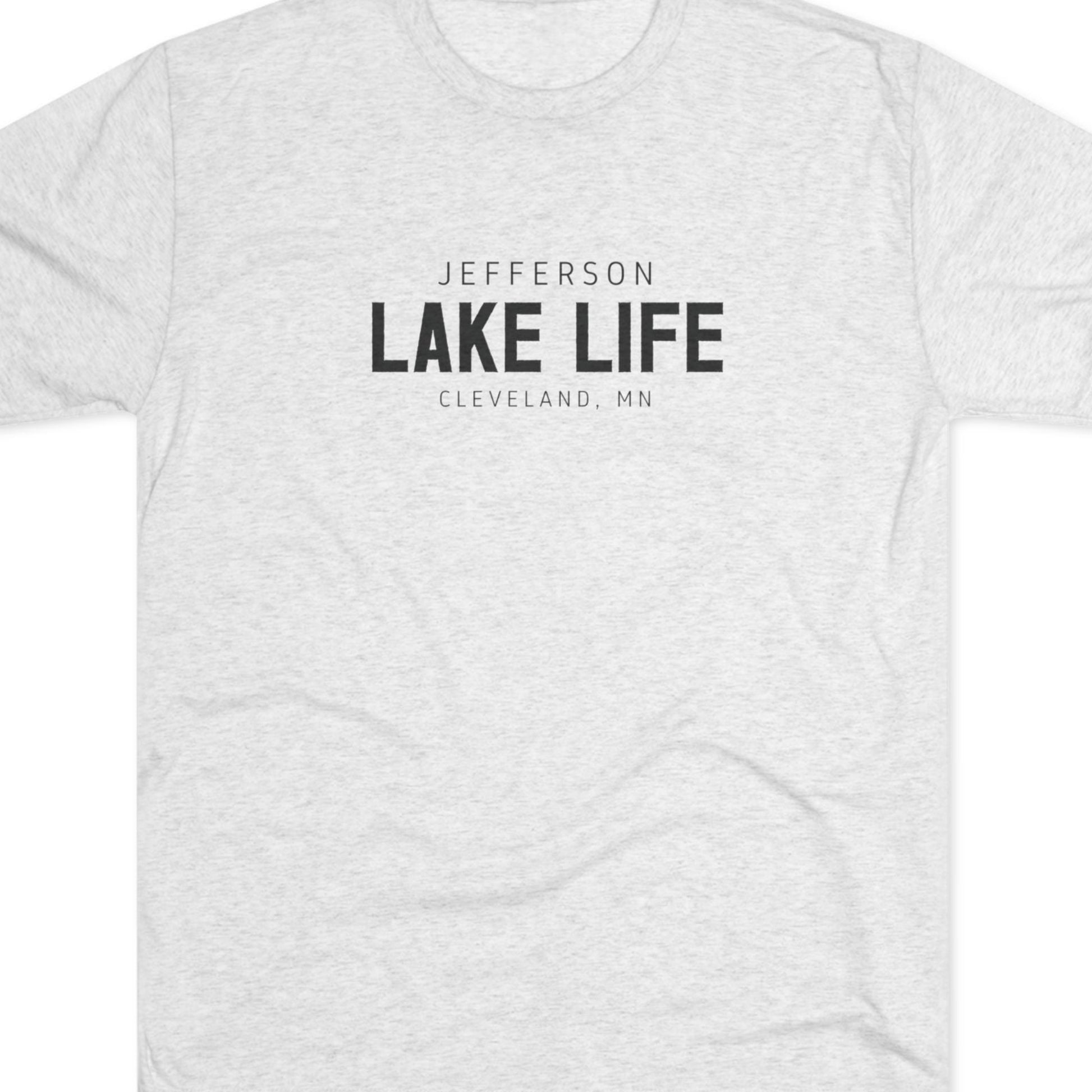 White t-shirt with 'Jefferson Lake Life, Cleveland, MN' text 