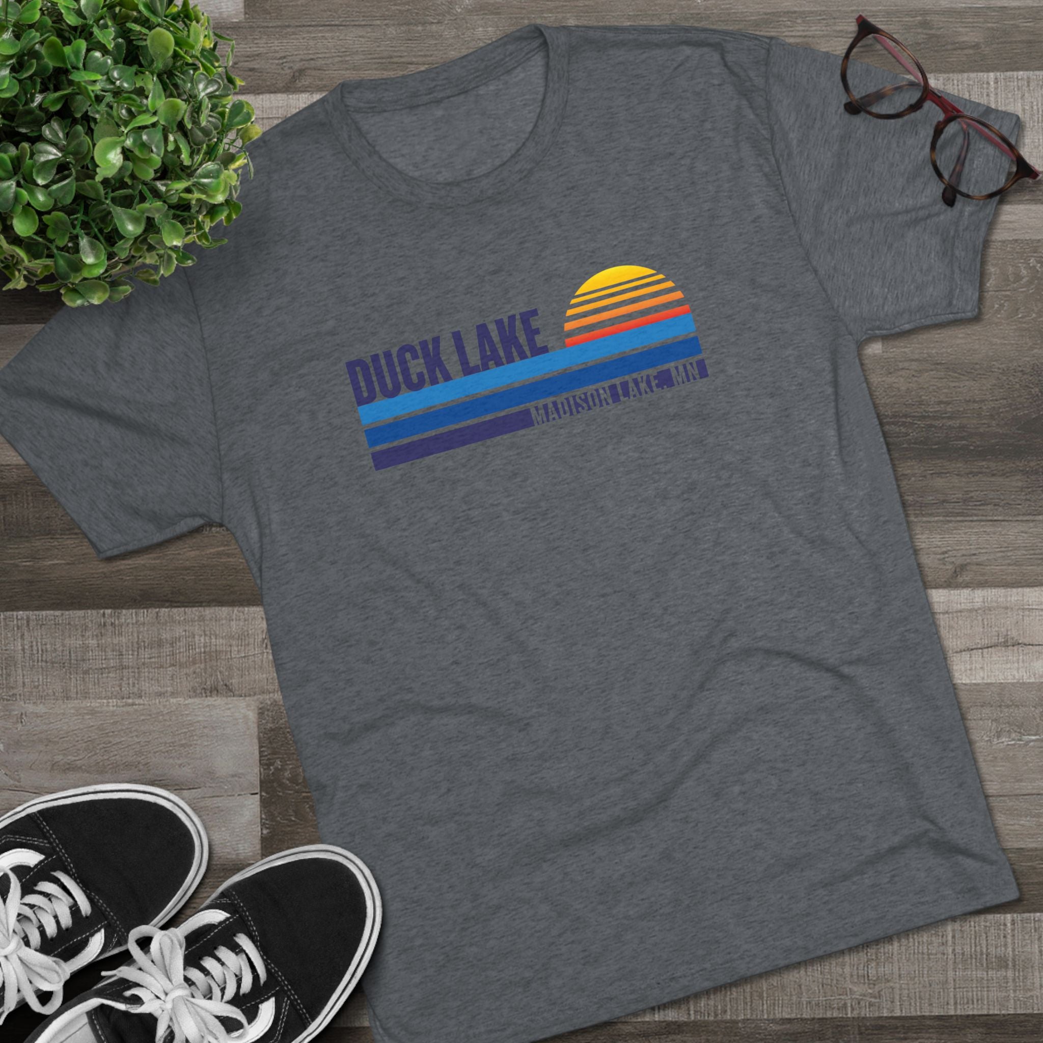 Duck Lake Sunset T-Shirt — Retro Striped Lakeside Graphic Tee