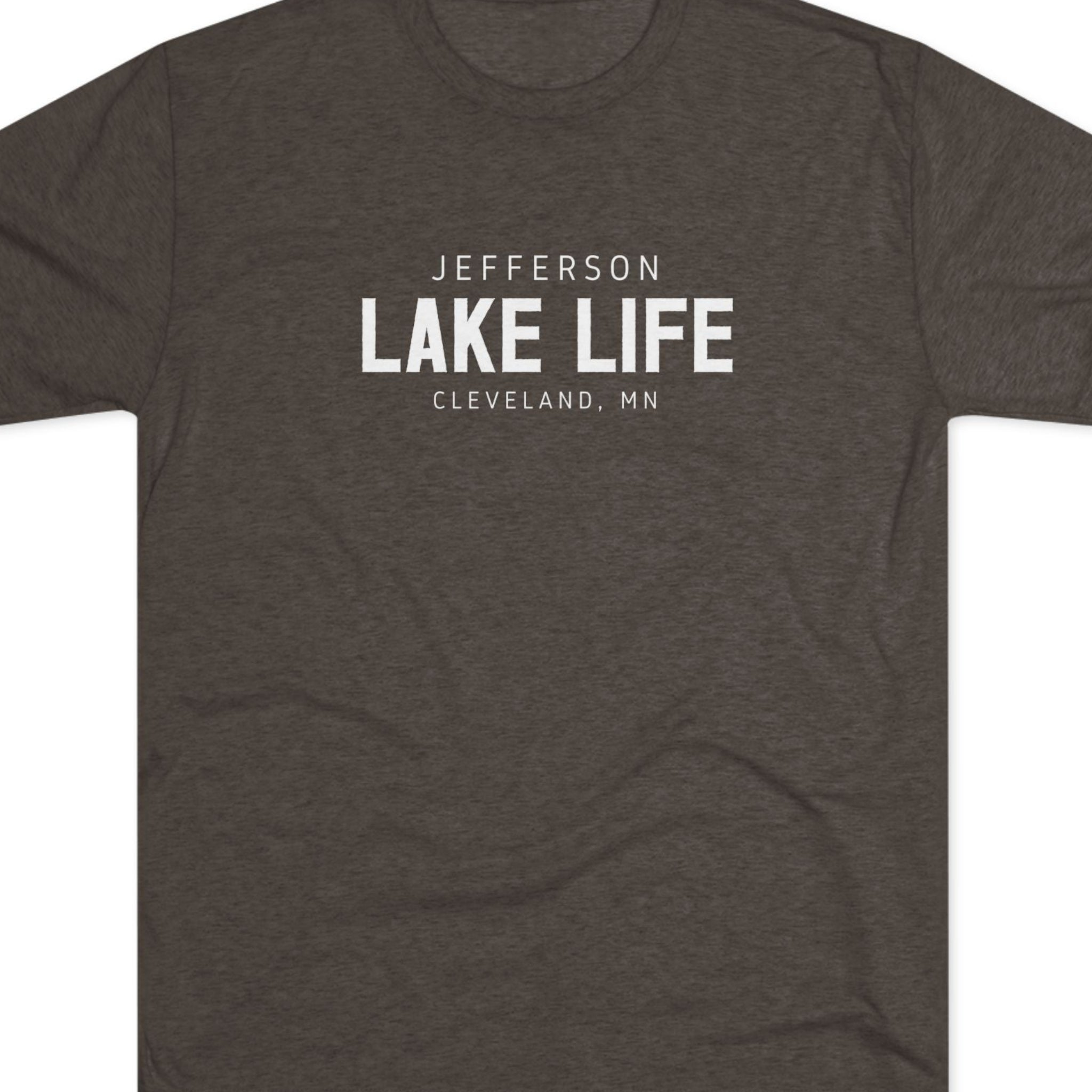 Dark gray t-shirt with 'Jefferson Lake Life, Cleveland, MN' text 