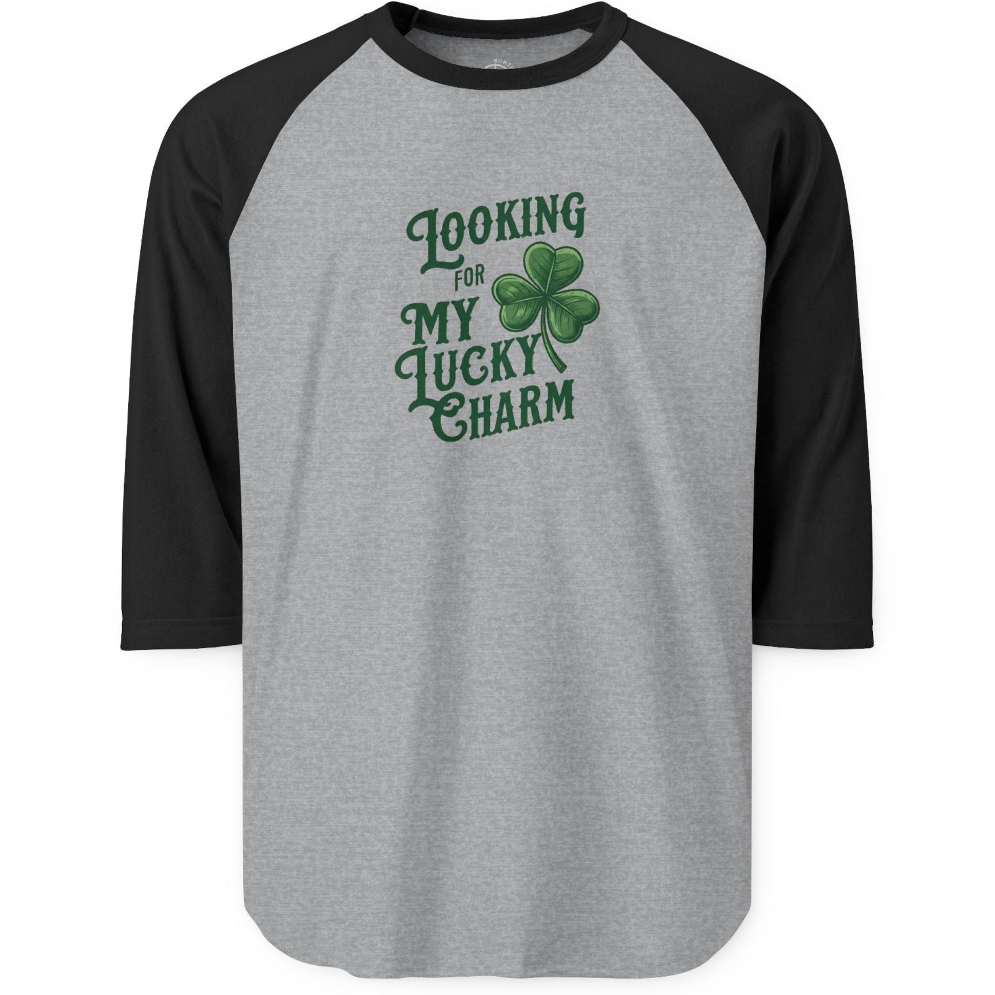 Gray and black baseball shirt with 'Looking for my lucky charm' text and shamrock design