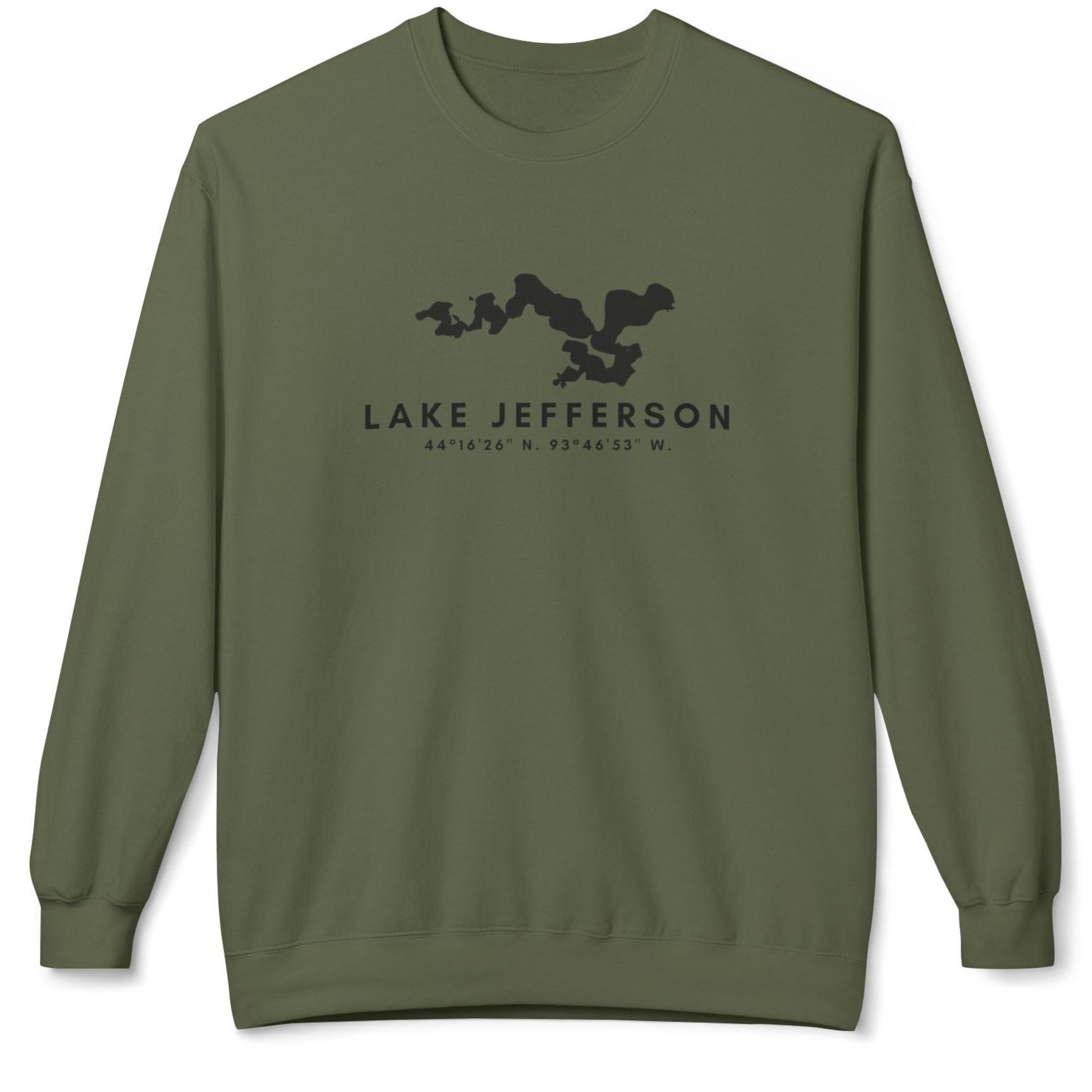 Green sweatshirt with 'Lake Jefferson' text and map design 