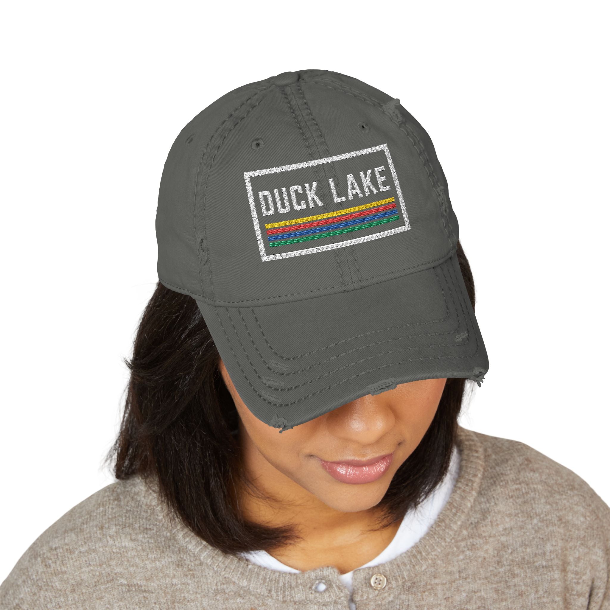 Duck Lake Embroidered Distressed Dad Hat