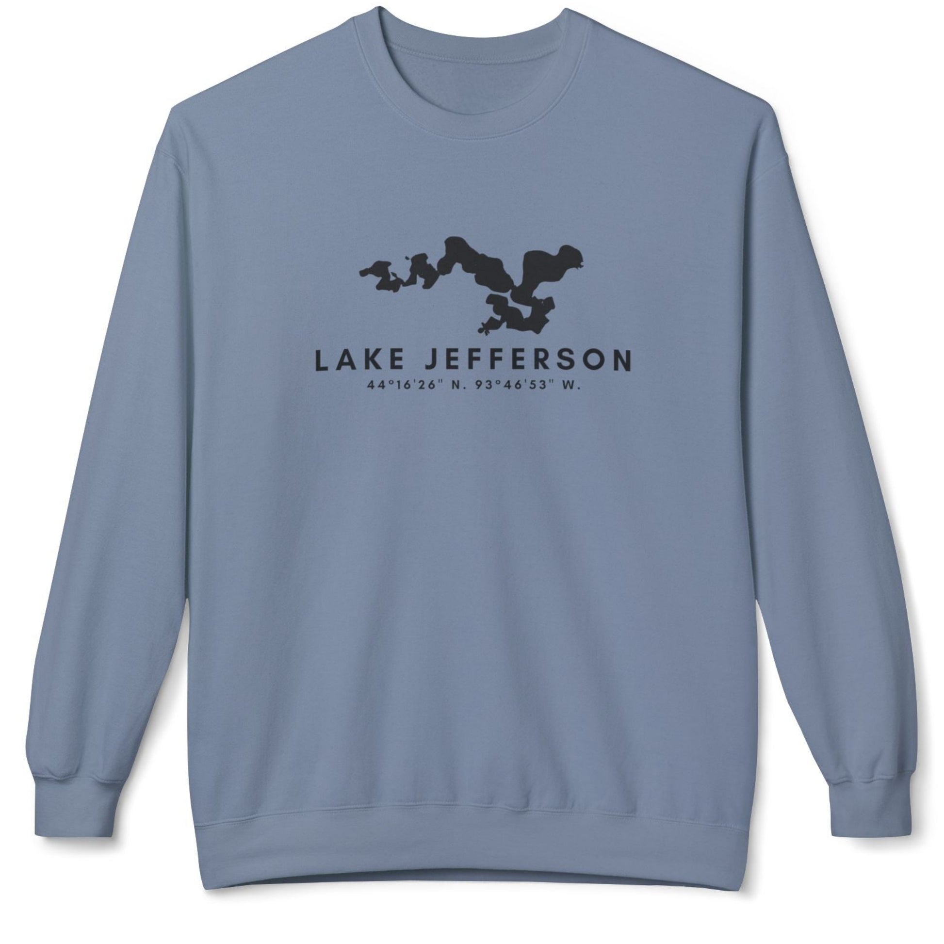 Blue sweatshirt with 'Lake Jefferson' text and map design