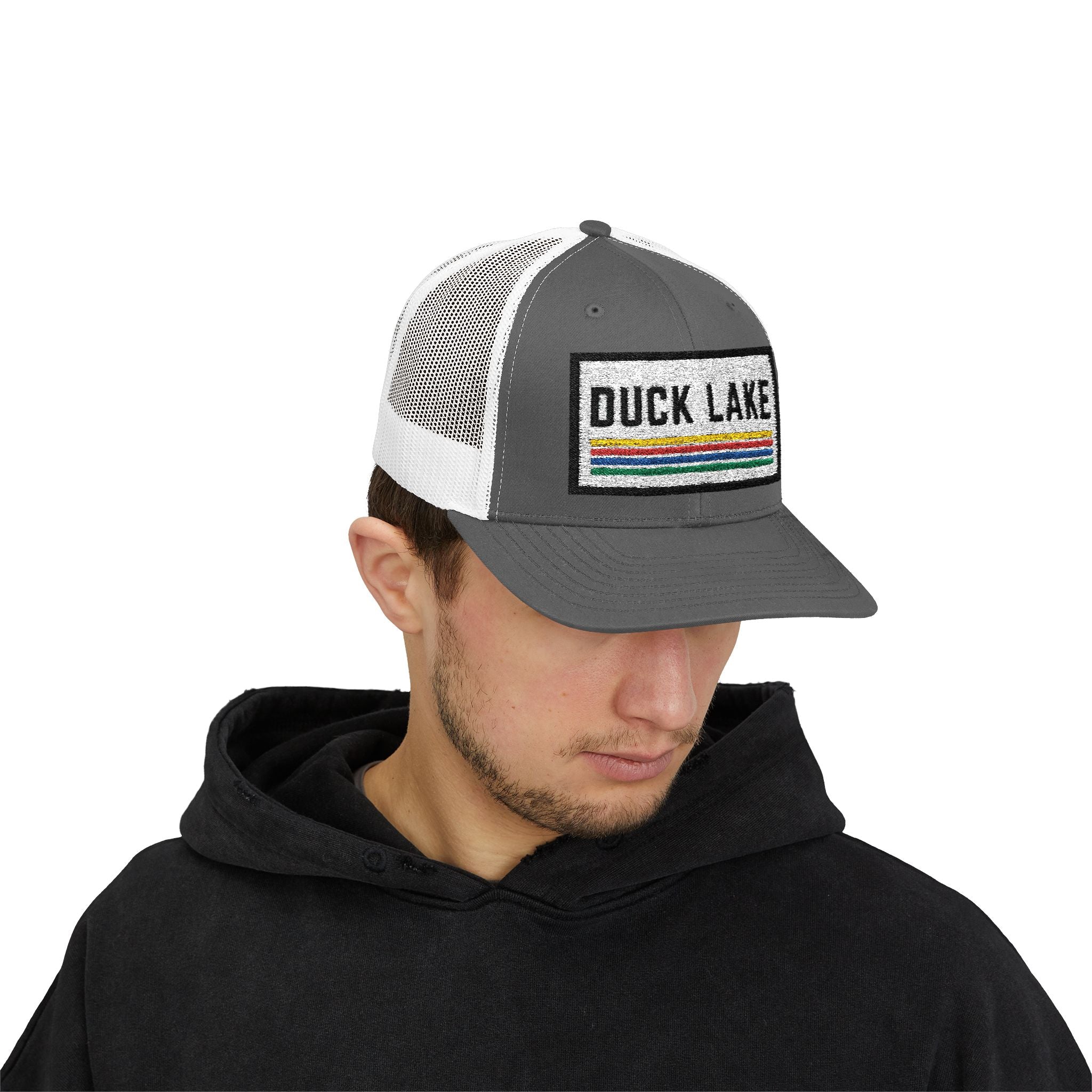 Duck Lake Patch Trucker Hat — Retro Stripe Snapback Cap