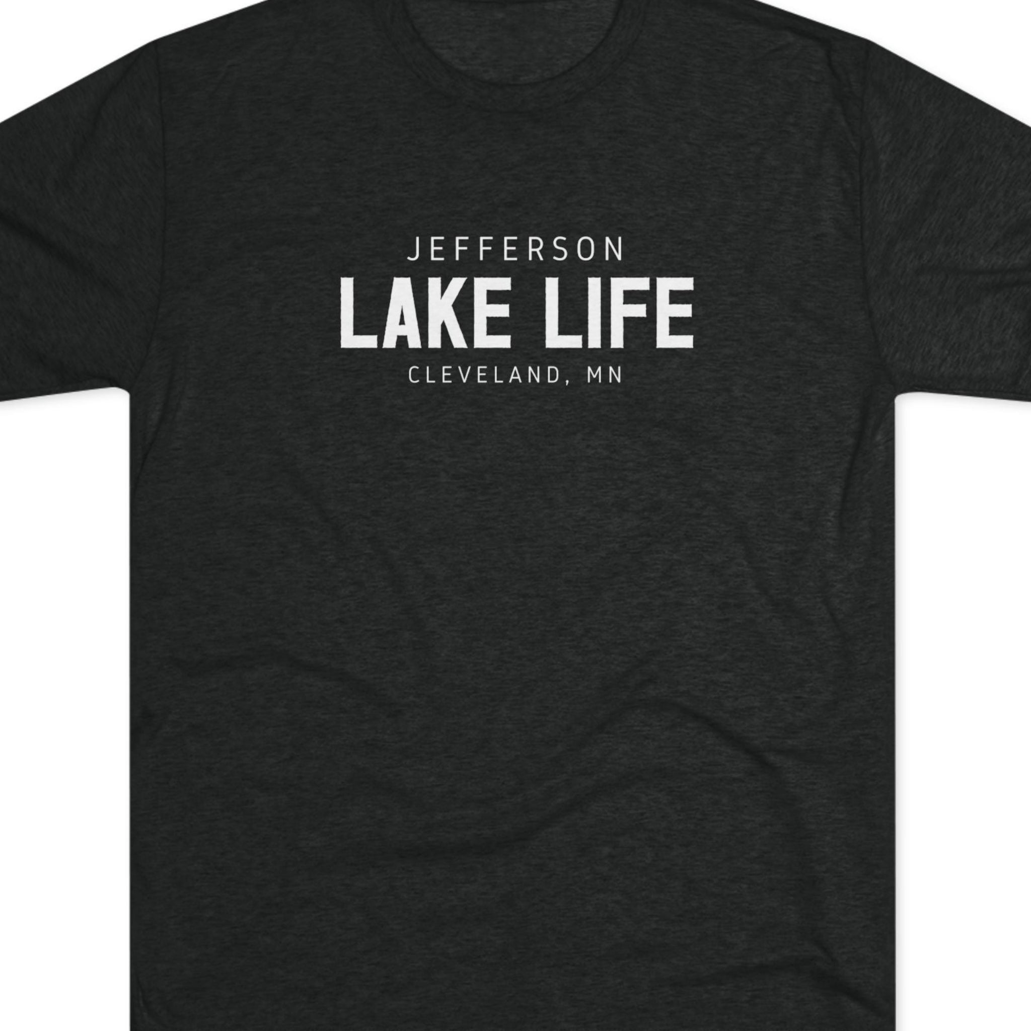 Black t-shirt with 'Jefferson Lake Life, Cleveland, MN' text 