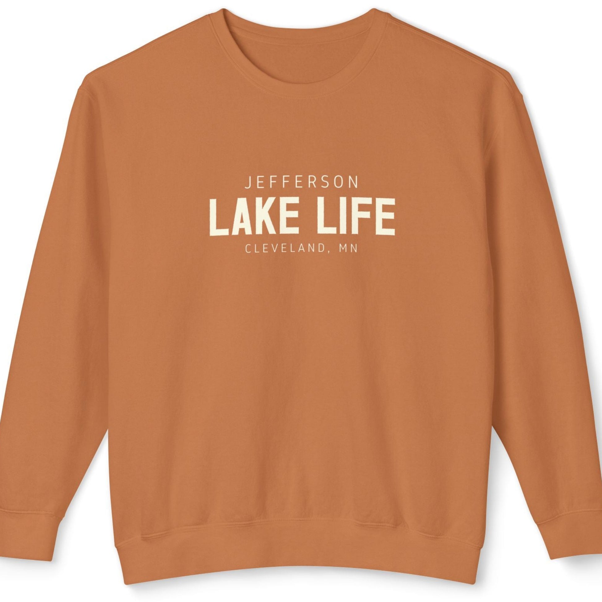 Brown sweatshirt with 'Jefferson Lake Life Cleveland, MN' text
