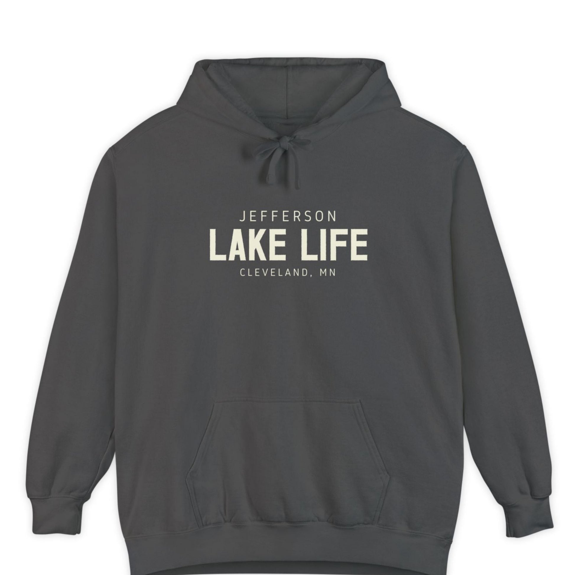 Dark gray hoodie with 'Jefferson Lake Life, Cleveland, MN' text 