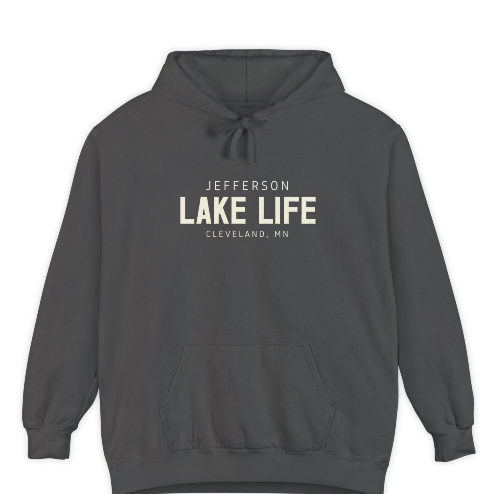 Dark gray hoodie with 'Jefferson Lake Life, Cleveland, MN' text 