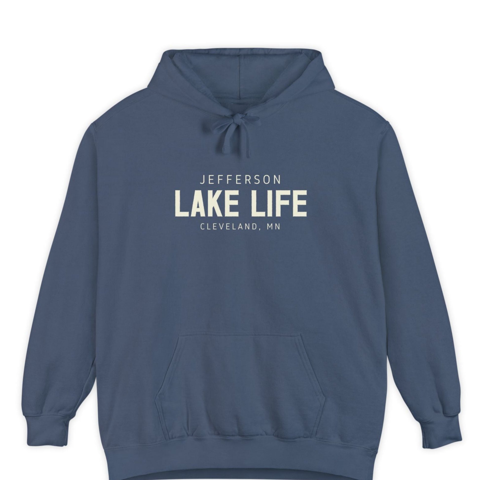 Blue hoodie with 'Jefferson Lake Life, Cleveland, MN' text 