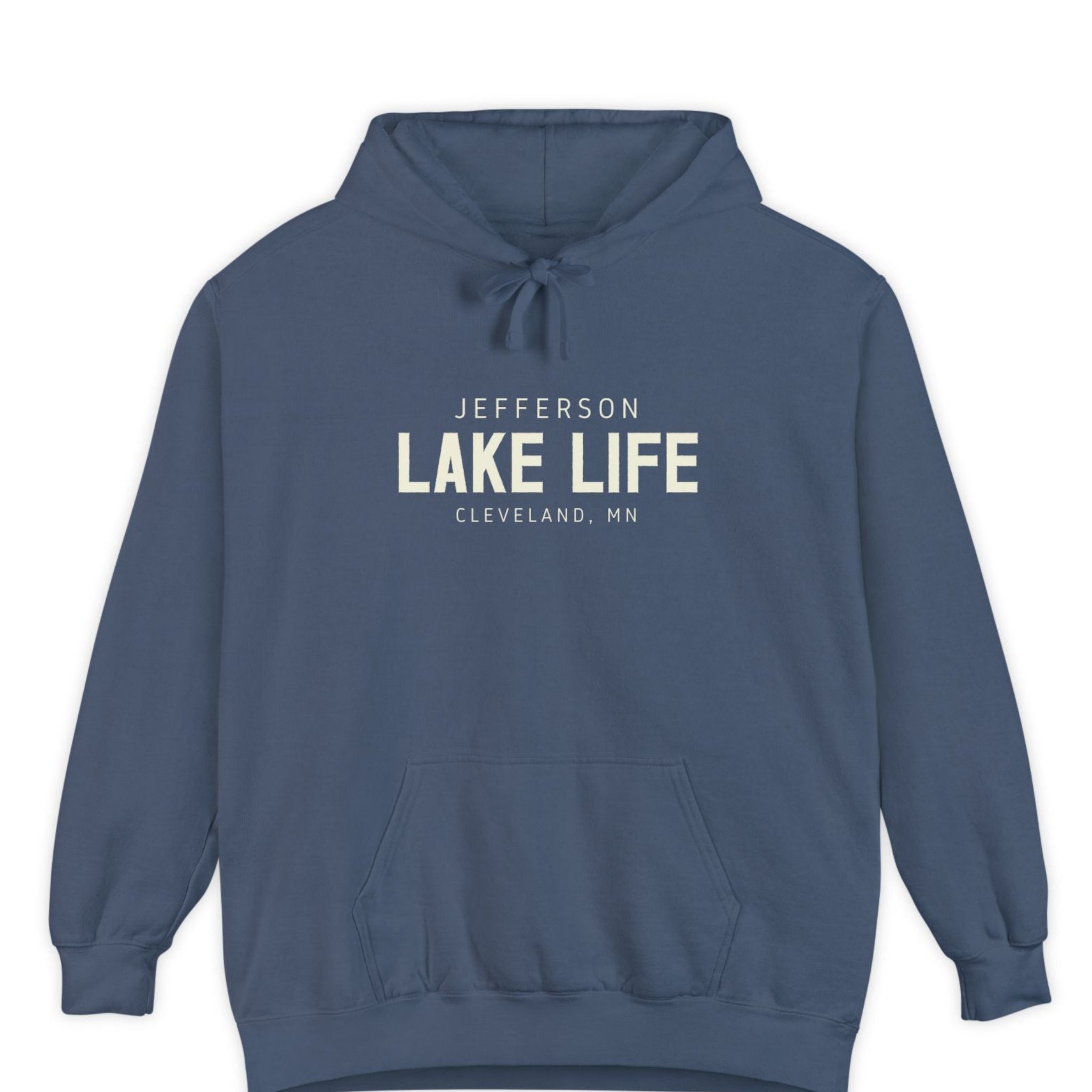 Blue hoodie with 'Jefferson Lake Life, Cleveland, MN' text 