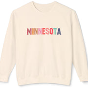 Beige sweatshirt with 'MINNESOTA' in colorful letters