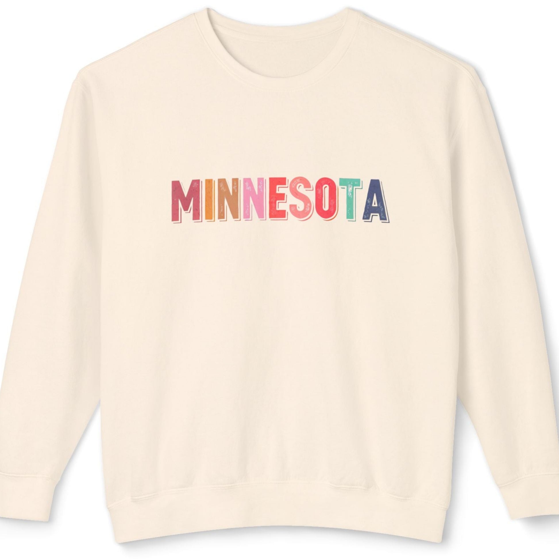 Beige sweatshirt with 'MINNESOTA' in colorful letters