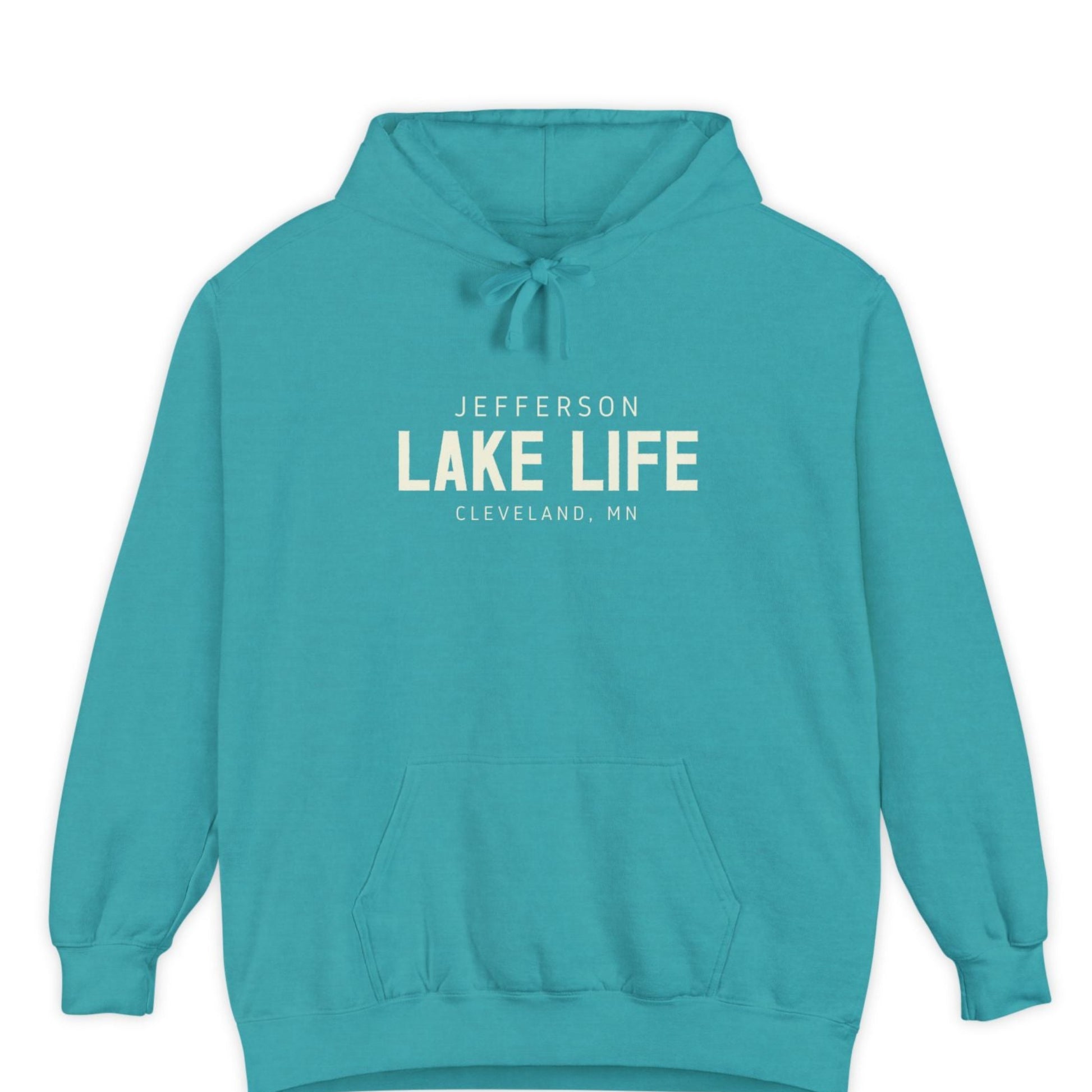 Teal hoodie with 'Jefferson Lake Life Cleveland, MN' text 