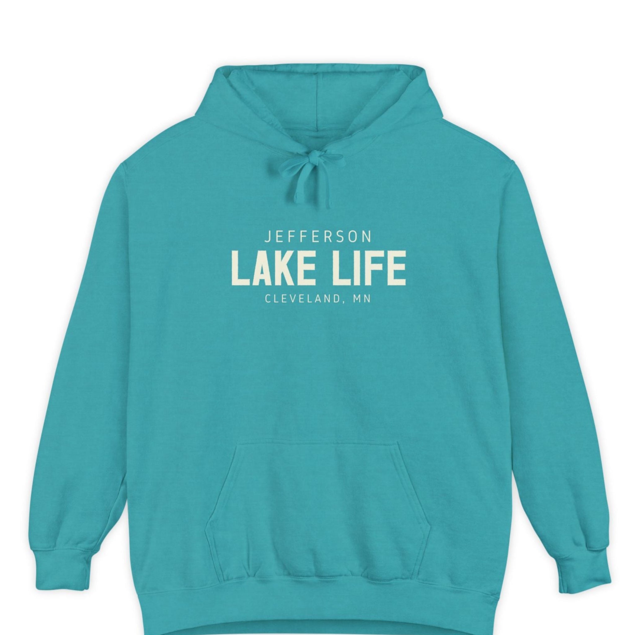 Teal hoodie with 'Jefferson Lake Life Cleveland, MN' text 