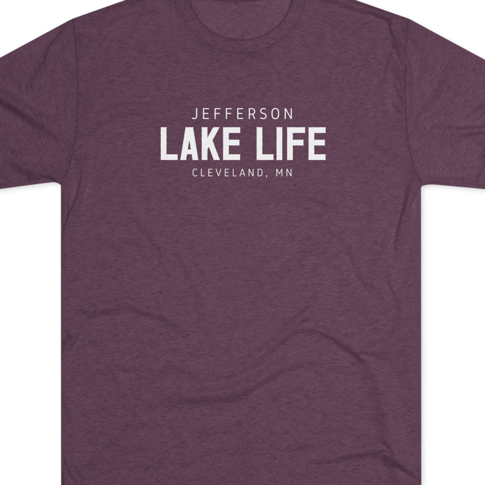 Purple t-shirt with 'Jefferson Lake Life, Cleveland, MN' text 