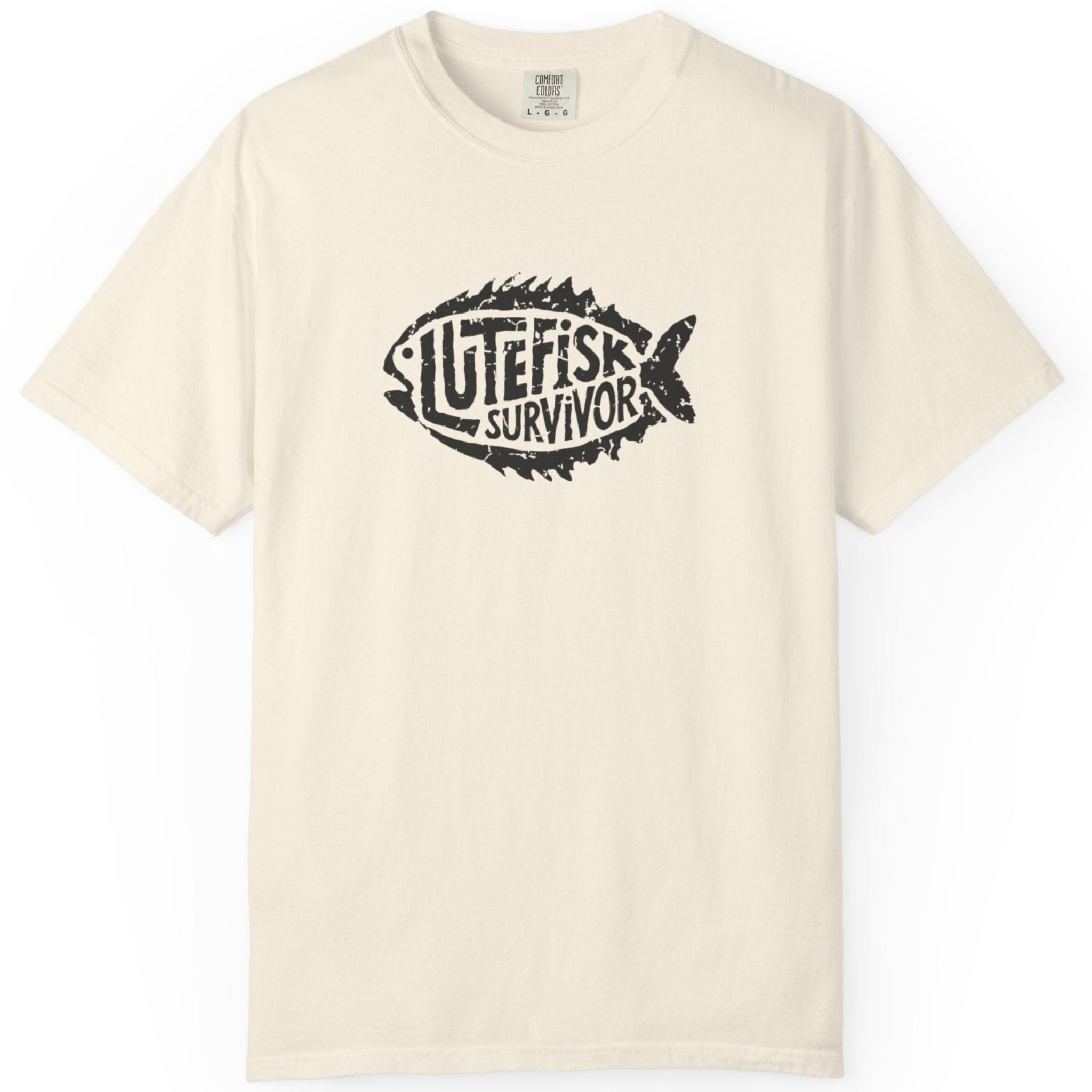 Beige t-shirt with black 'Lutefish Survivor' graphic 