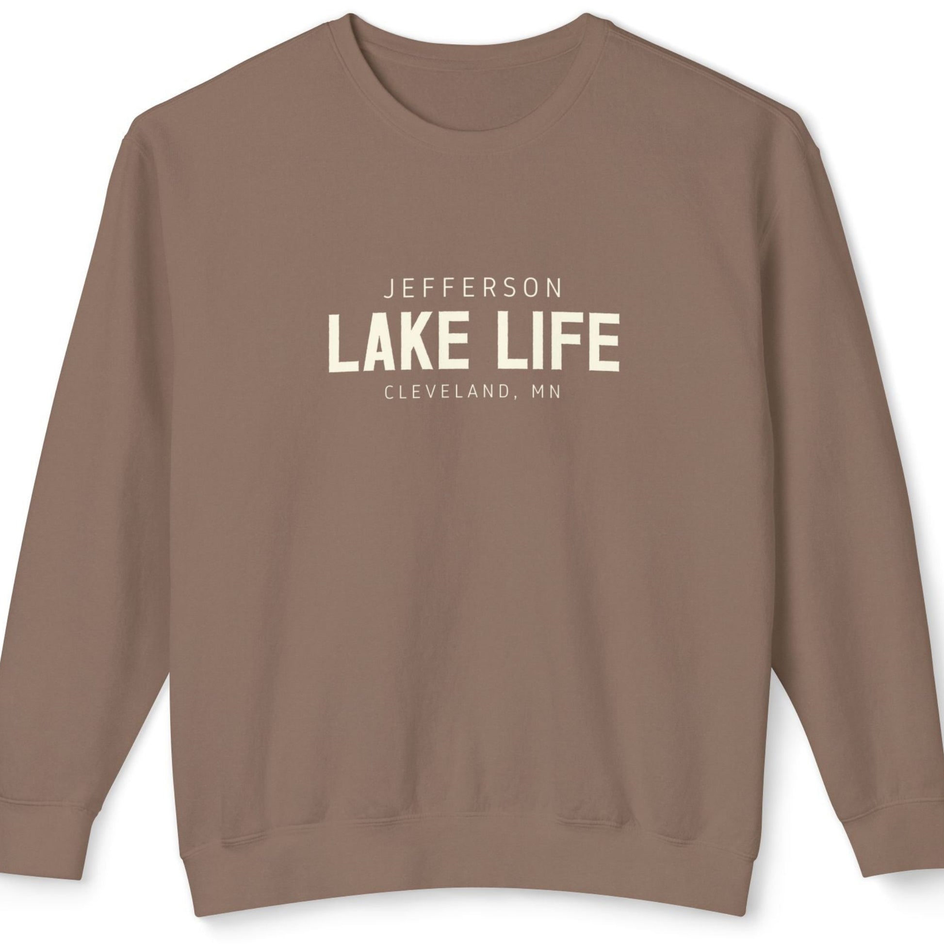 Brown sweatshirt with 'Jefferson Lake Life Cleveland, MN' text 