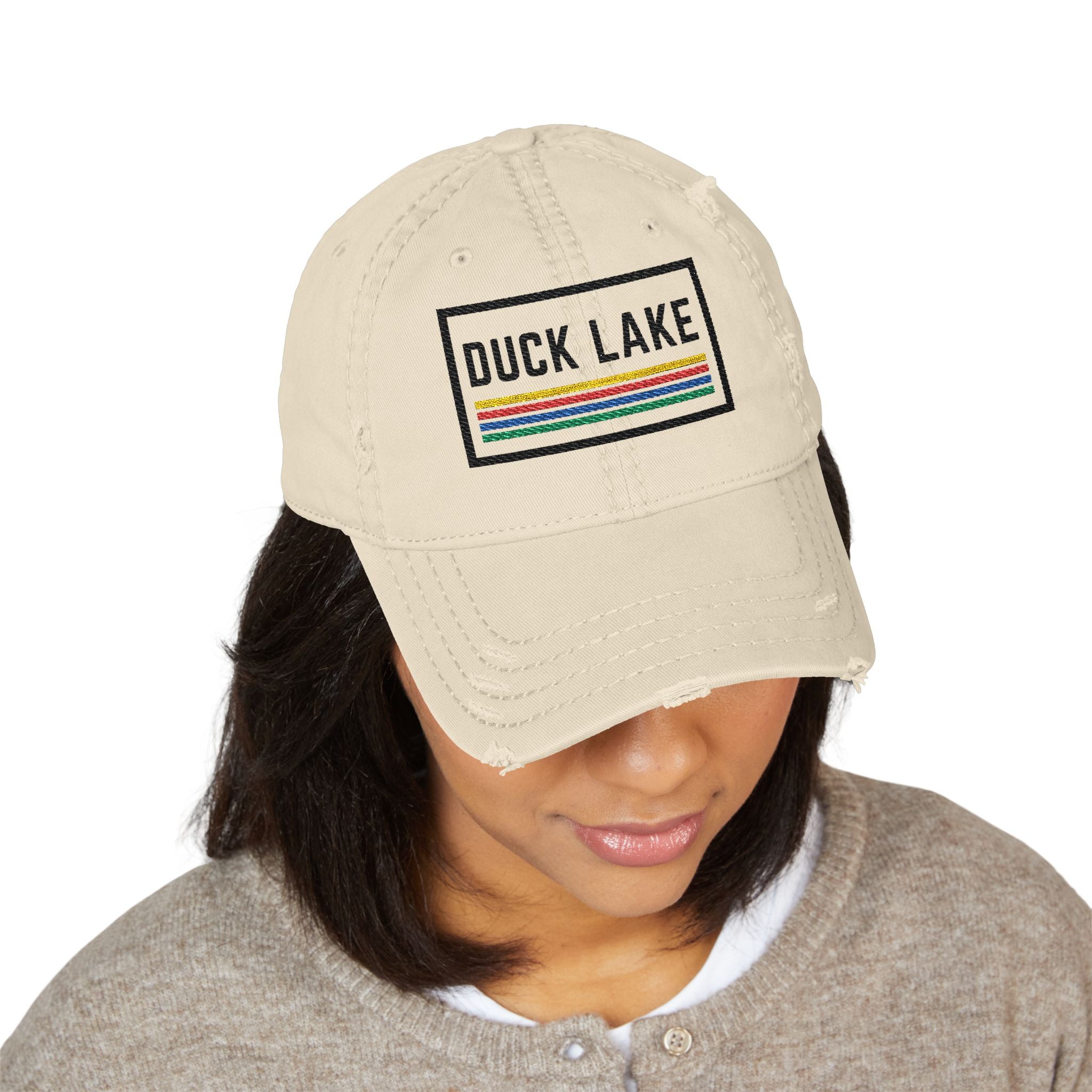 Duck Lake Distressed Dad Hat — Embroidered Retro Stripe Cap
