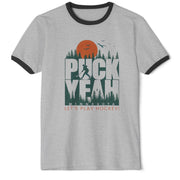 Gray ringer t-shirt with hockey-themed graphic and text Puck Yeah, Minnesota. Let's Play Hockey