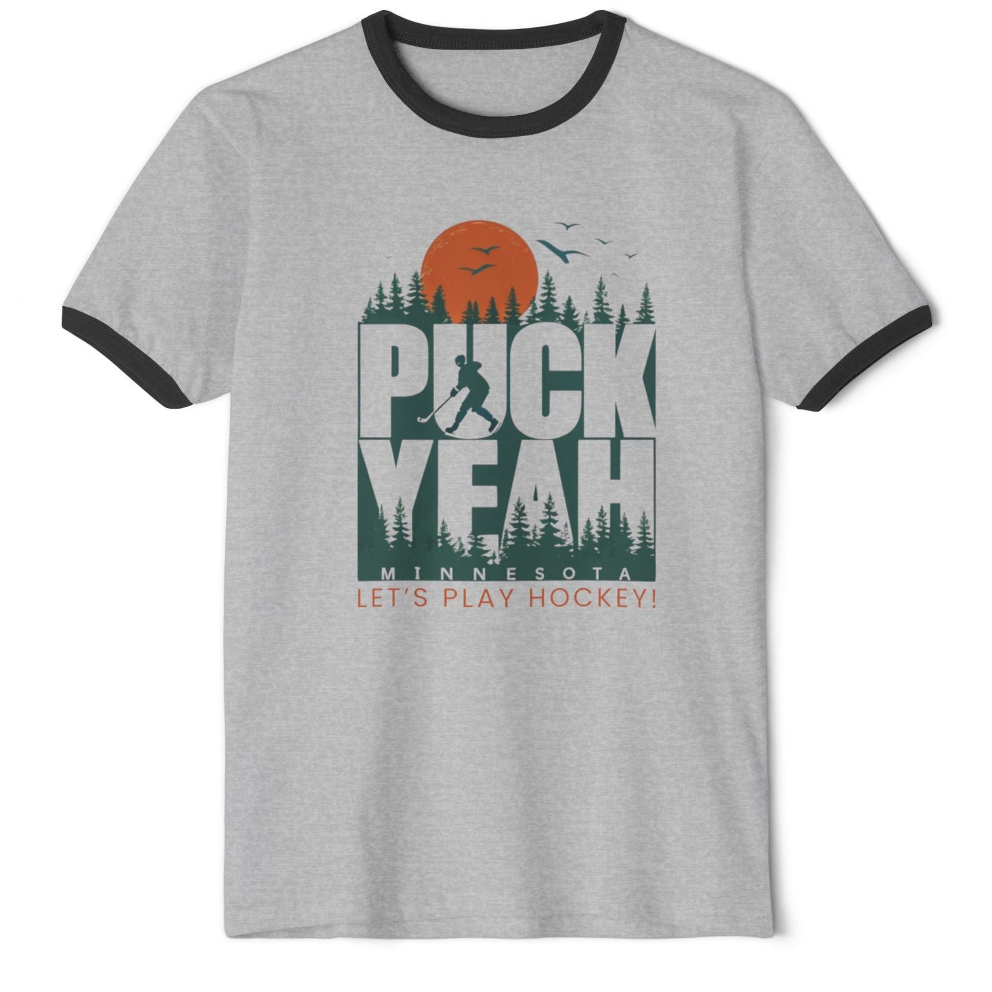 Gray ringer t-shirt with hockey-themed graphic and text Puck Yeah, Minnesota. Let's Play Hockey