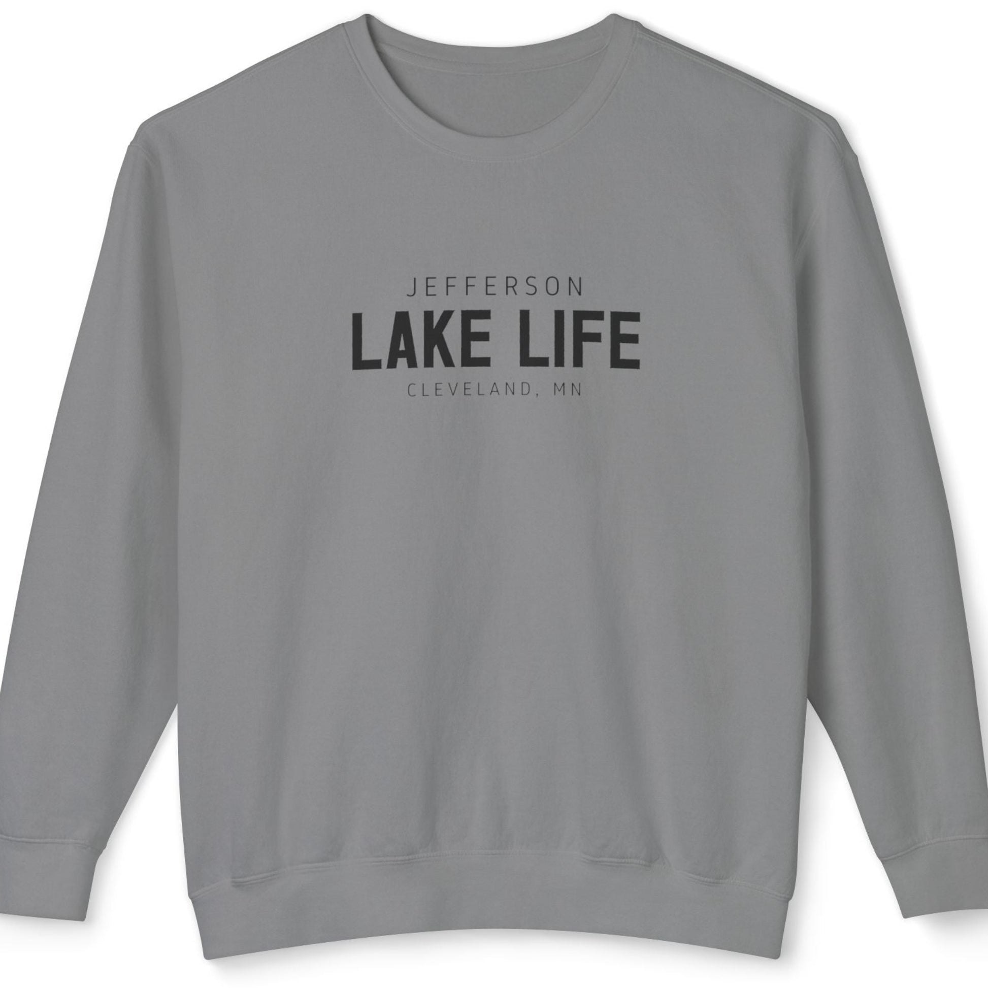 Gray sweatshirt with 'Jefferson Lake Life Cleveland, MN' text 