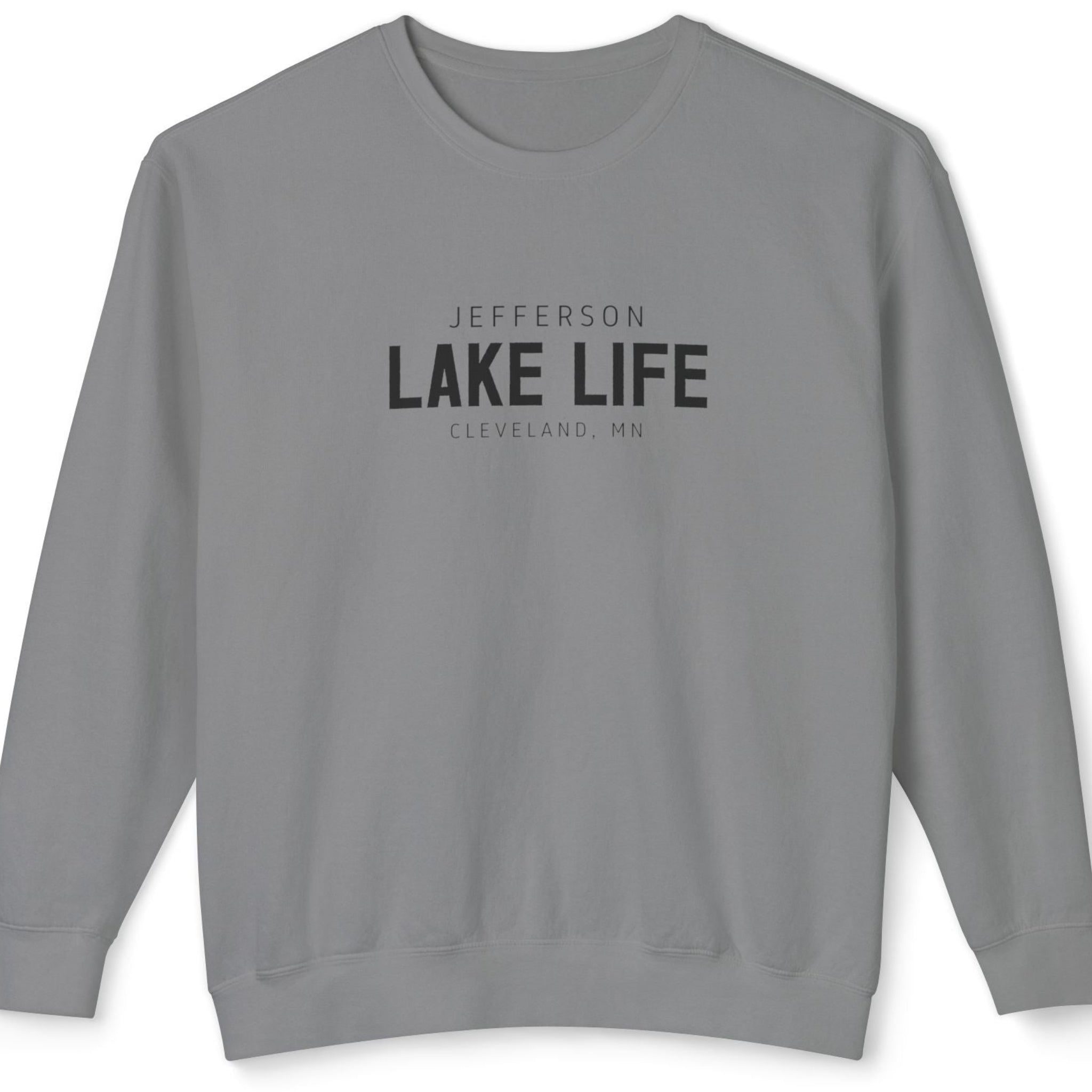 Gray sweatshirt with 'Jefferson Lake Life Cleveland, MN' text 