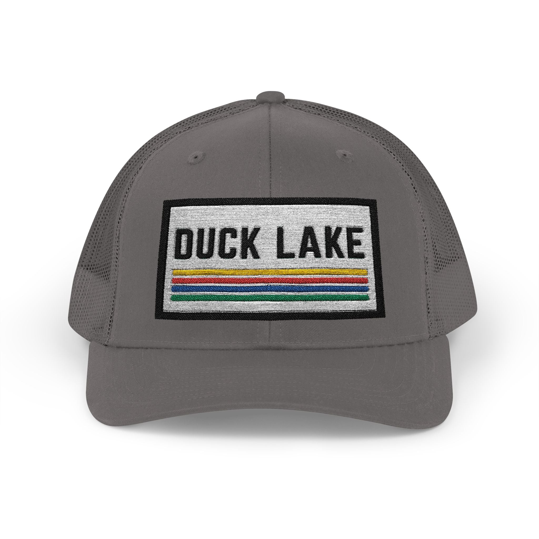 Duck Lake Patch Trucker Hat — Retro Stripe Snapback Cap
