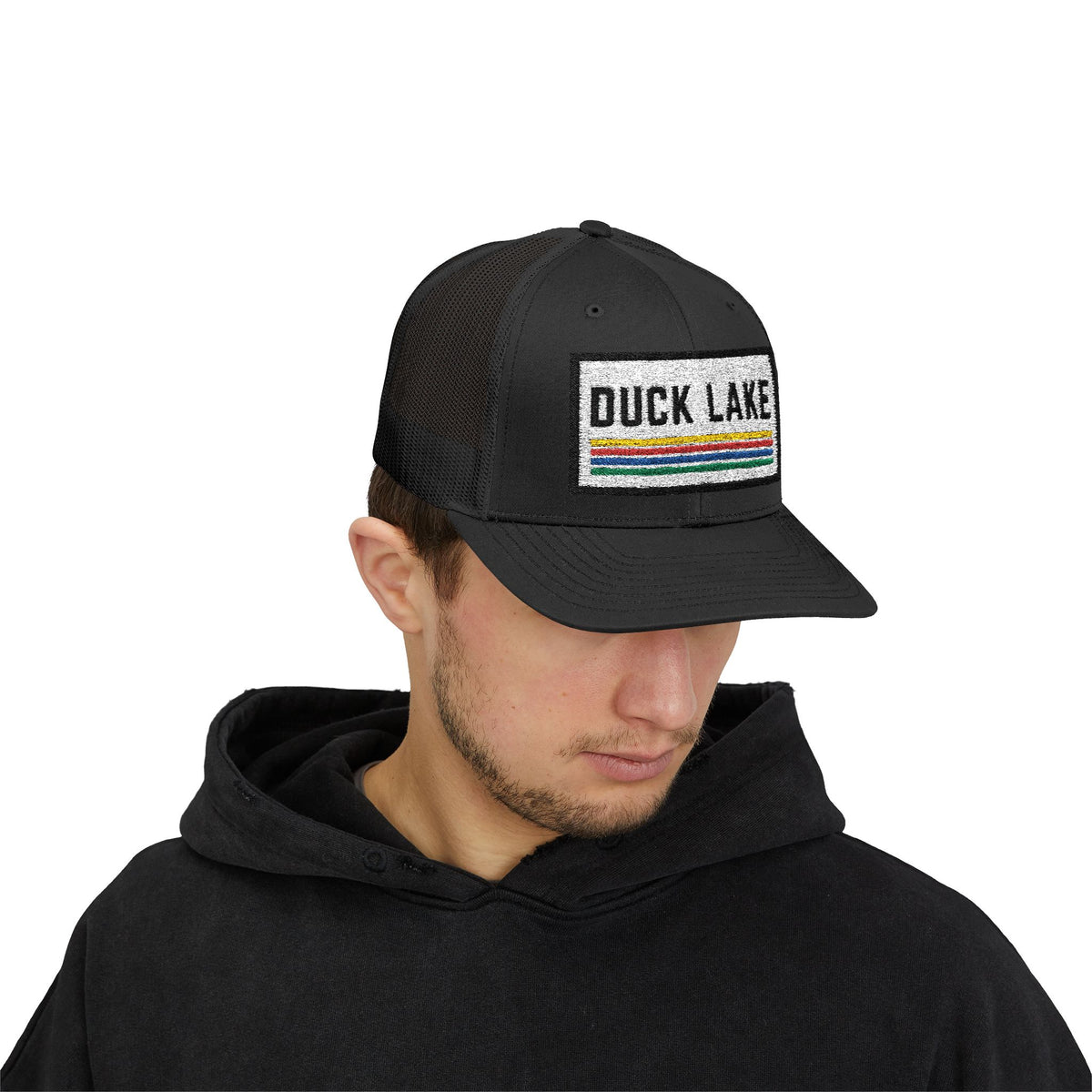 Duck Lake Patch Trucker Hat — Retro Stripe Snapback Cap