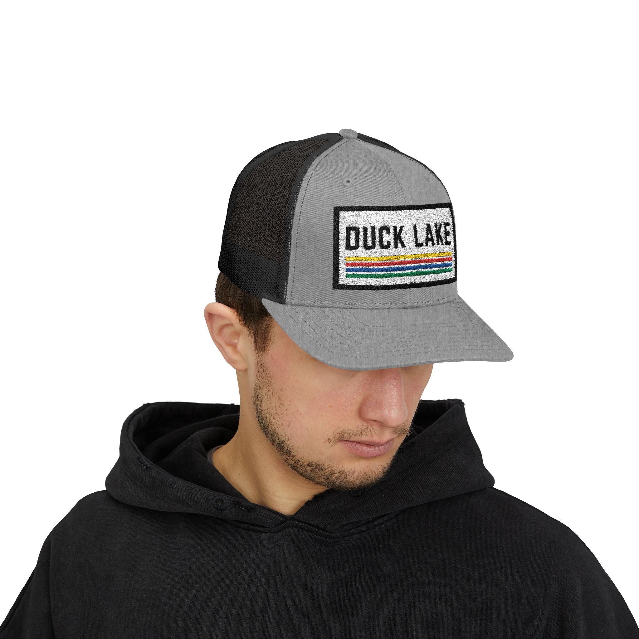 Duck Lake Patch Trucker Hat — Retro Stripe Snapback Cap