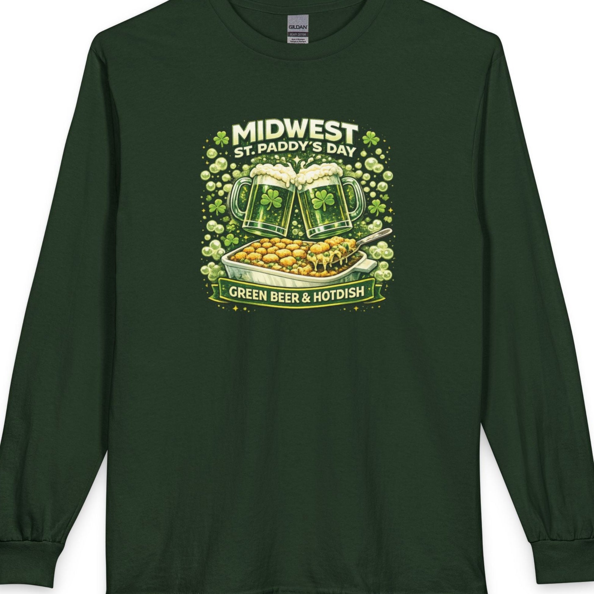 Green long-sleeve shirt with St. Patrick's Day design of green beer and hotdish