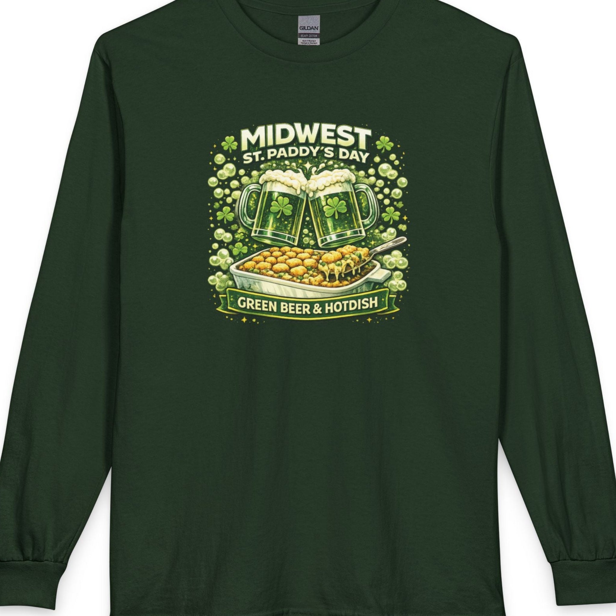 Green long-sleeve shirt with St. Patrick's Day design of green beer and hotdish