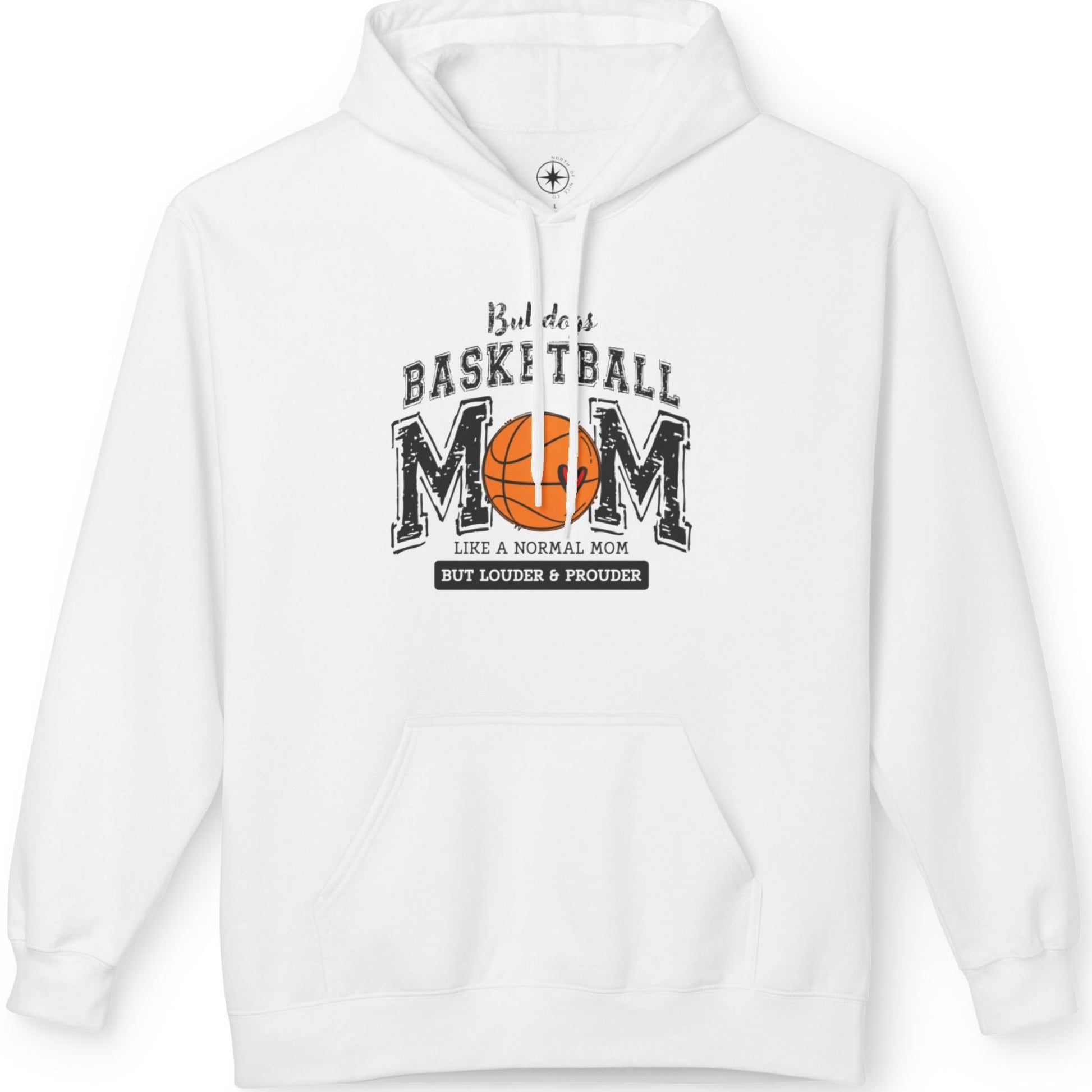 White hoodie with basketball mom graphic 