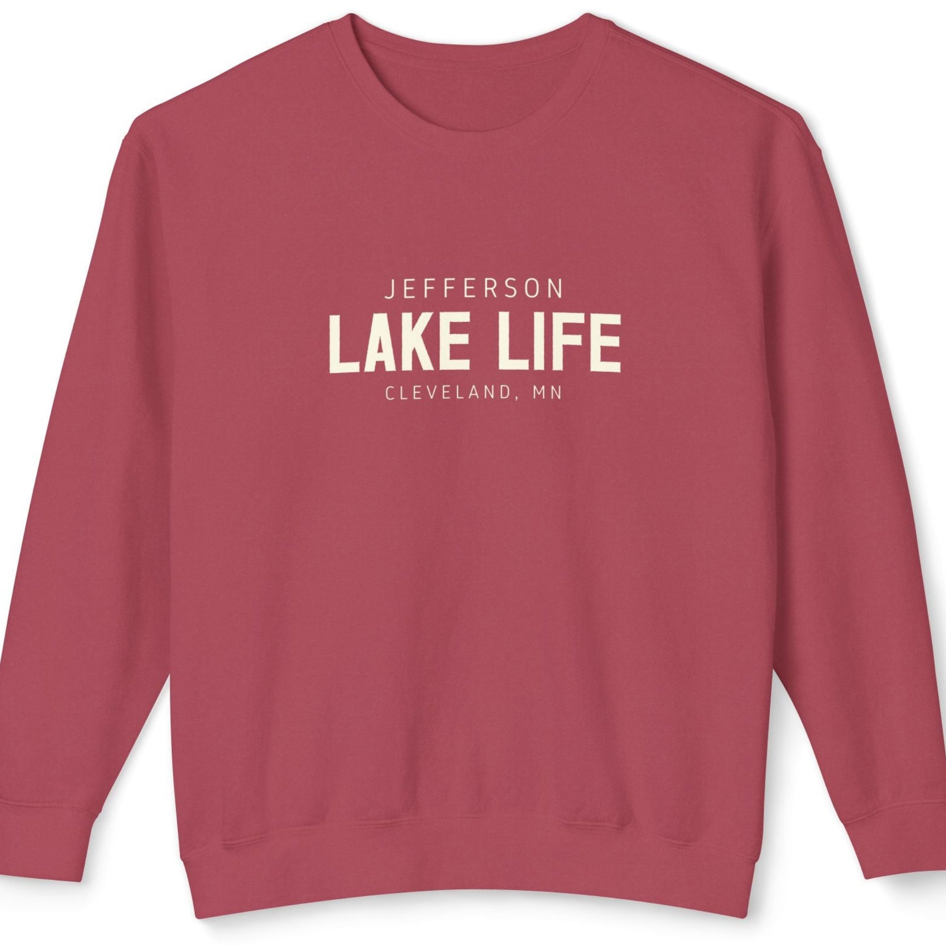 Red sweatshirt with 'Jefferson Lake Life, Cleveland, MN' text 