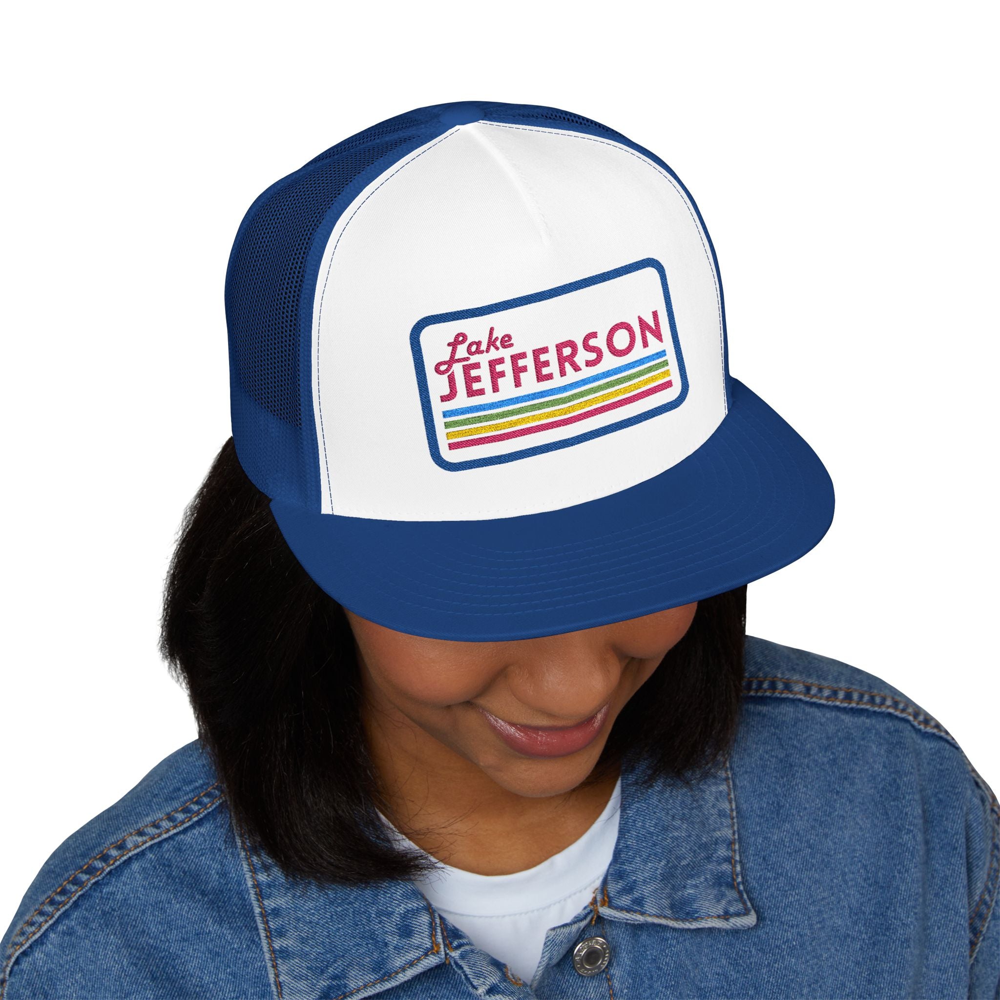 Lake Jefferson Vintage 5 Panel Trucker Cap (pink font)