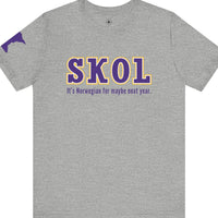 Gray t-shirt with 'SKOL' text and purple graphic 