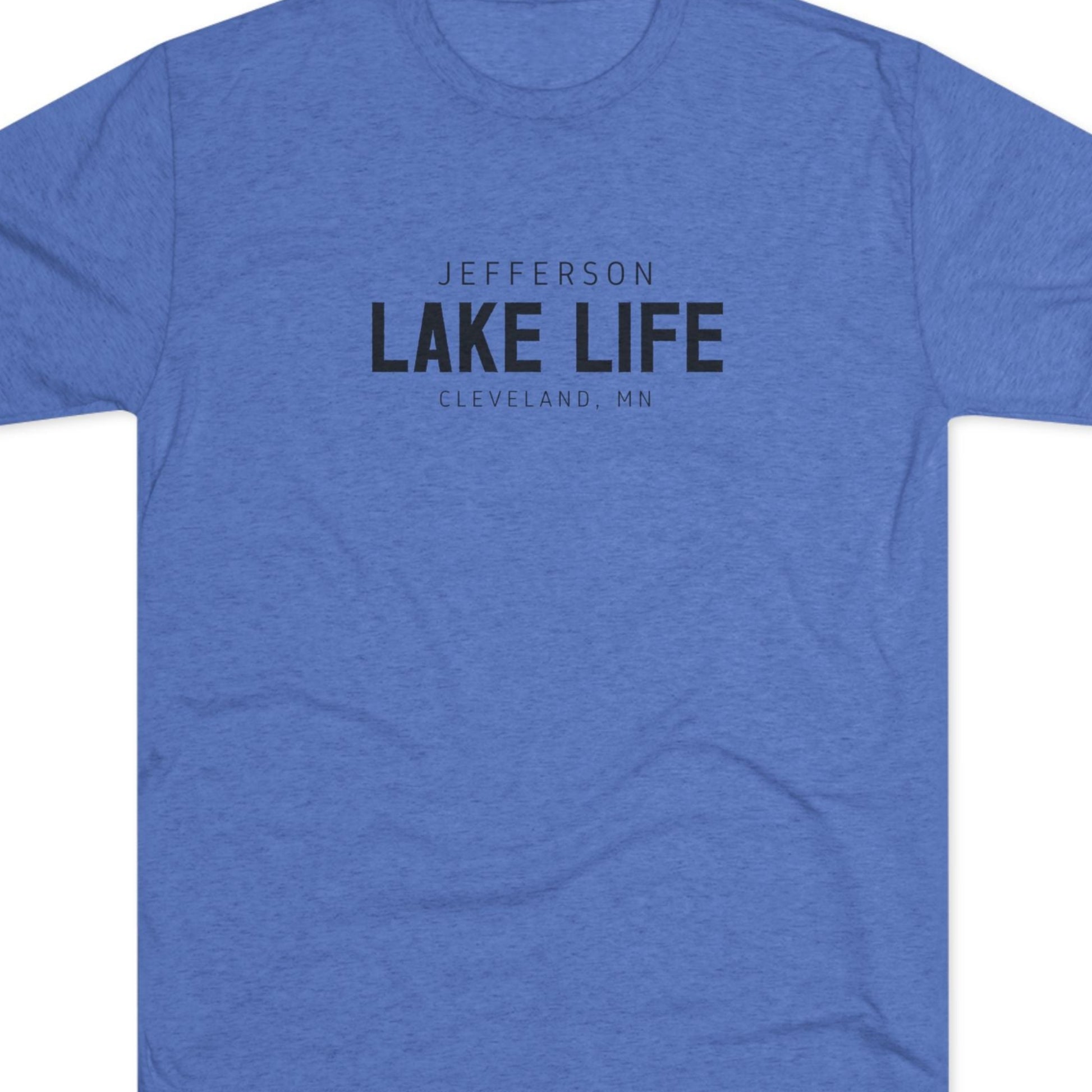 Blue t-shirt with 'Jefferson Lake Life, Cleveland, MN' text 