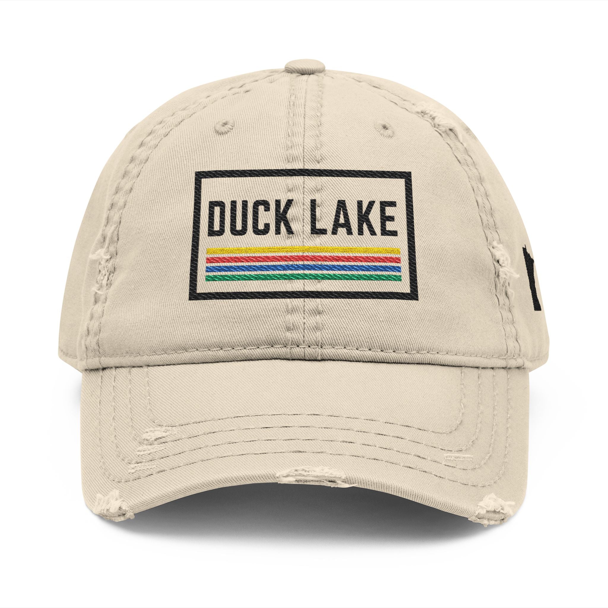 Duck Lake Distressed Dad Hat — Embroidered Retro Stripe Cap