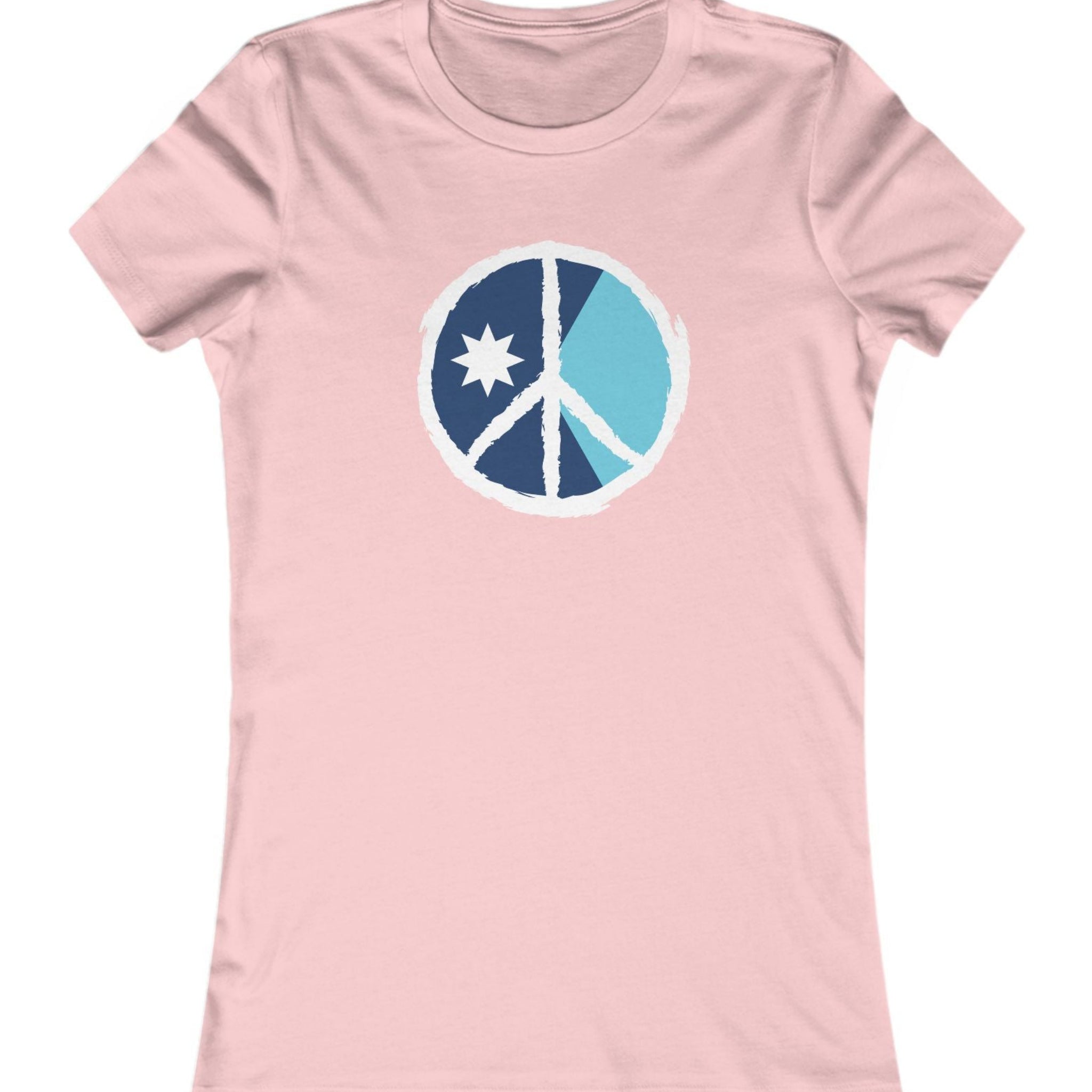 Pink t-shirt with a blue and white peace symbol design