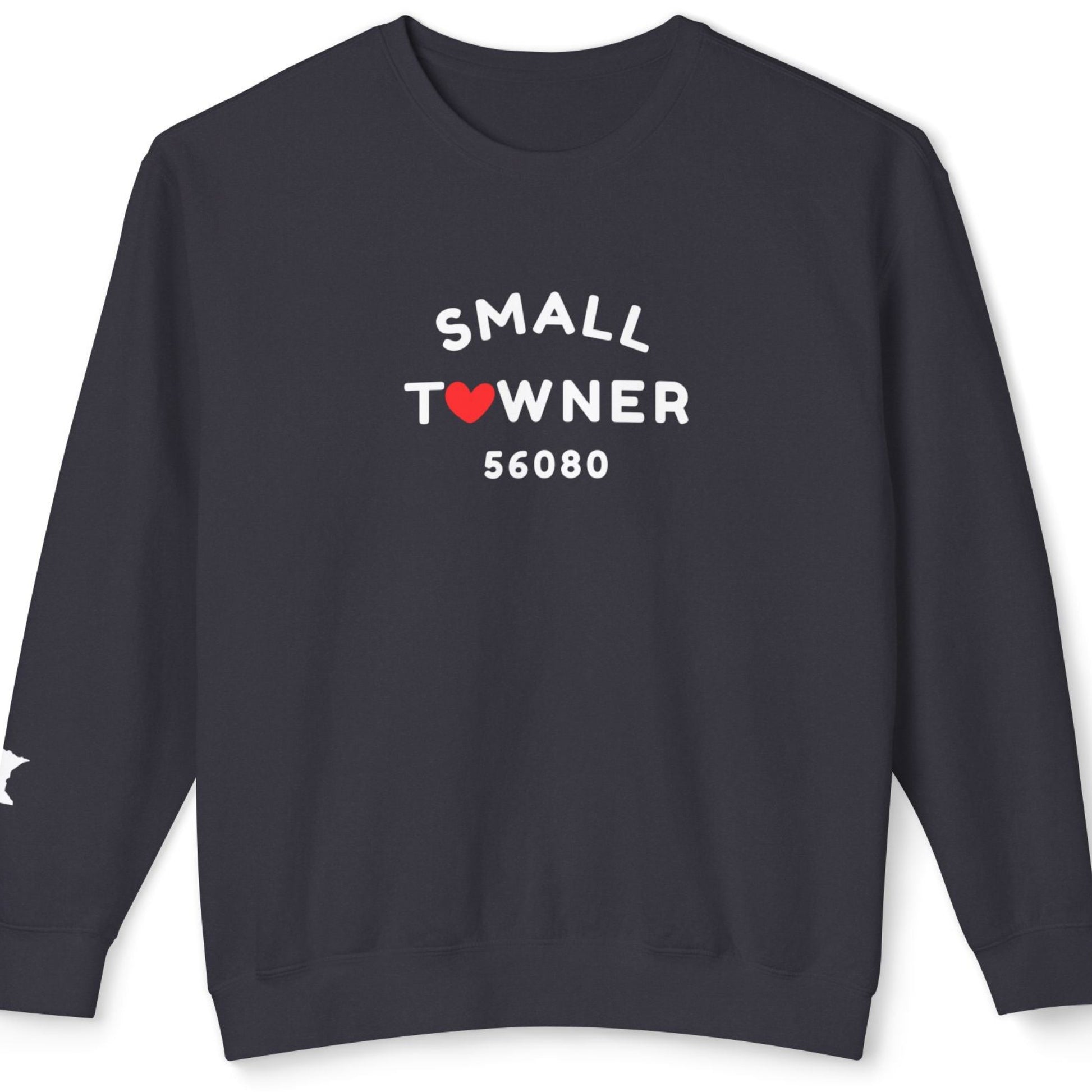 Navy blue sweatshirt with 'SMALL TOWNER 56080' text